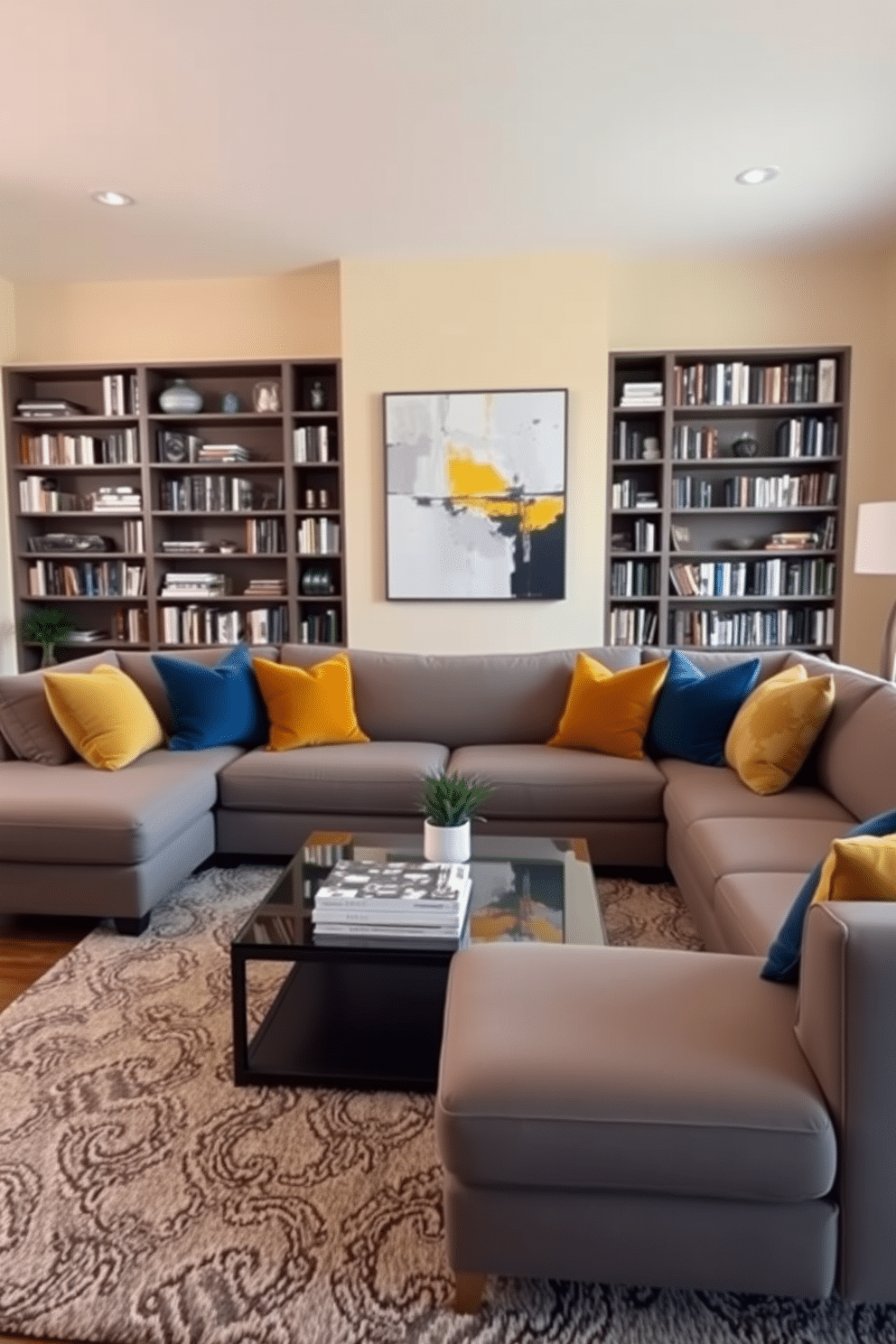 A cozy living room with a modern twist. The room features a large L-shaped sofa in a soft grey fabric, adorned with colorful throw pillows in shades of blue and yellow. A sleek coffee table with a glass top sits in front of the sofa, holding a stack of art books and a small potted plant. Behind the sofa, a large floor-to-ceiling bookshelf showcases an array of books and decorative items. The walls are painted in a warm beige, and a large abstract painting hangs above the sofa. A plush area rug in a geometric pattern covers the hardwood floor, adding texture and warmth to the space.