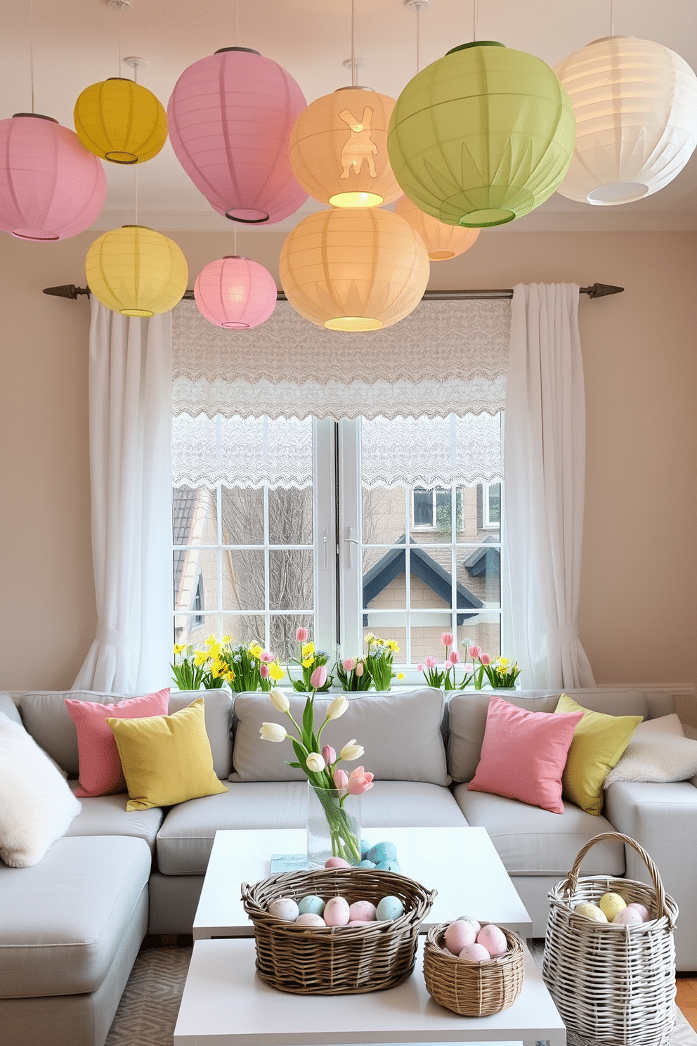 A cozy living room with hanging paper lanterns in spring colors. The lanterns in pastel shades of pink, yellow, and green are suspended from the ceiling at varying heights, casting a soft, warm glow. Below them, a light gray sectional sofa is adorned with cushions in matching spring hues. A white coffee table with a glass vase of fresh tulips sits in the center, and the walls are painted a soft, neutral beige to let the lanterns' colors pop. A charming window display for Easter, perfect for a welcoming home. The window is adorned with pastel-colored paper cutouts of bunnies, eggs, and flowers, creating a festive scene. White lace curtains frame the window, with small, hanging Easter ornaments in soft pink, blue, and yellow. A windowsill garden features potted daffodils and tulips, adding a touch of spring freshness, while a wicker basket filled with painted eggs completes the cheerful look.