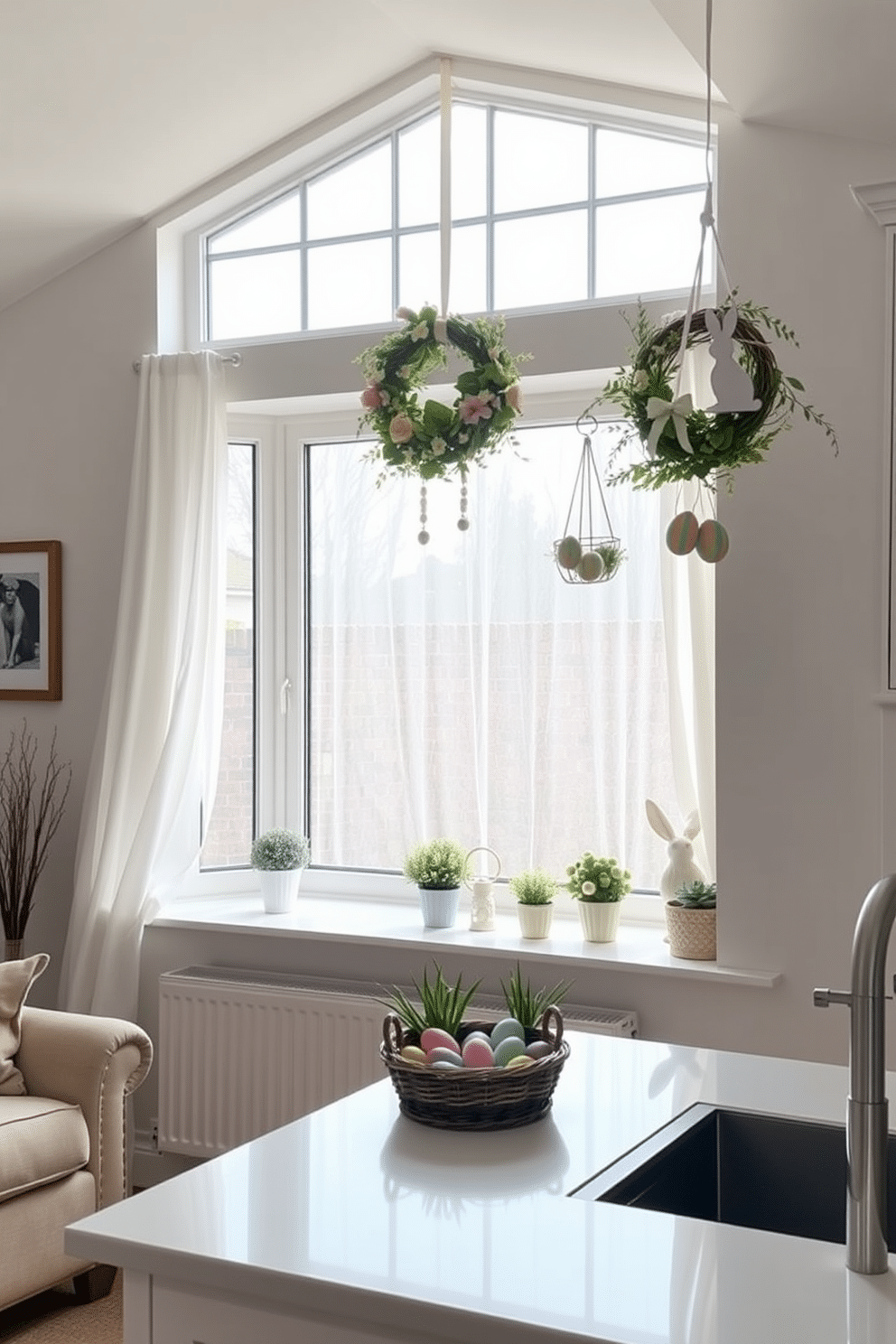 A cozy living room with a large bay window adorned with floral wreaths featuring pastel-colored flowers, delicate greenery, and small Easter eggs. The window is framed by sheer white curtains, allowing natural light to fill the room, creating a warm and inviting atmosphere. A modern kitchen with a large window decorated with Easter-themed accents, including hanging pastel-colored eggs and bunny-shaped ornaments. The windowsill is lined with small potted plants and a decorative basket filled with colorful Easter eggs, adding a festive touch to the space.