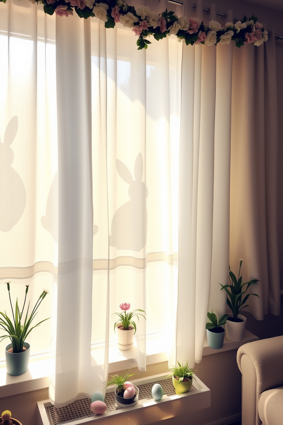 A cozy living room with bunny silhouettes projected against sheer white curtains. The soft sunlight filters through, creating a whimsical and festive atmosphere. Decorate the window sills with pastel-colored Easter eggs and small potted plants. Add a garland of spring flowers draped along the top of the window frame to complete the look.