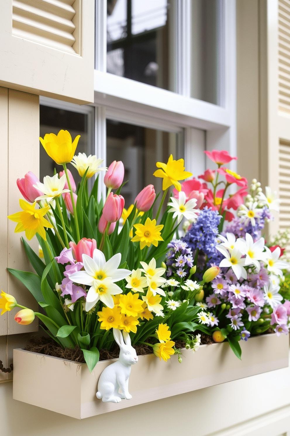 A charming window box brimming with vibrant spring flowers. The box is painted a soft pastel color and filled with a mix of tulips, daffodils, and hyacinths, creating a lively and colorful display. Easter decorating ideas that bring a fresh and festive feel to your home. Incorporate pastel-colored eggs, delicate bunny figurines, and floral arrangements featuring lilies and daisies to celebrate the season.