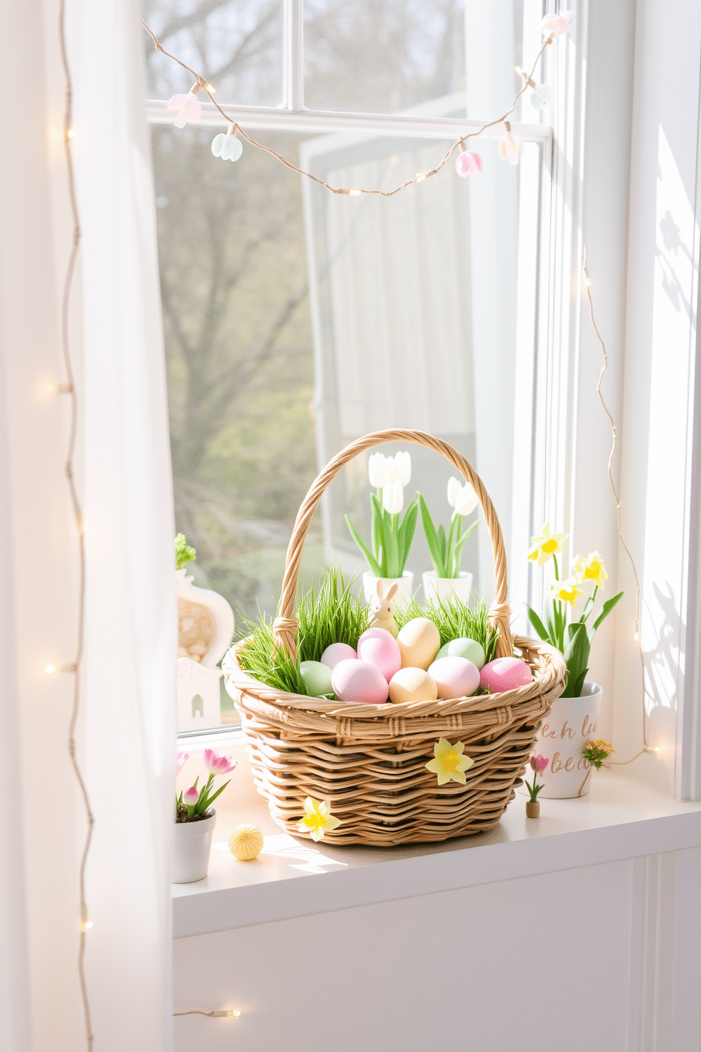 An Easter basket display on a window sill. The basket is woven from natural fibers and filled with pastel-colored eggs, faux grass, and small decorative bunnies. Surrounding the basket are a few potted spring flowers, such as daffodils and tulips, adding a burst of color. The window sill is painted white, contrasting beautifully with the vibrant decorations, and a light sheer curtain is gently pulled to one side, allowing sunlight to enhance the cheerful setup. Window Easter decorating ideas. Hang delicate, pastel-colored garlands across the window frame, featuring small paper eggs and bunnies. Place a few small potted plants, such as Easter lilies, on the sill to bring in a touch of nature. Add a whimsical touch with a string of soft, warm fairy lights draped around the window, creating a cozy and festive atmosphere perfect for the holiday season.