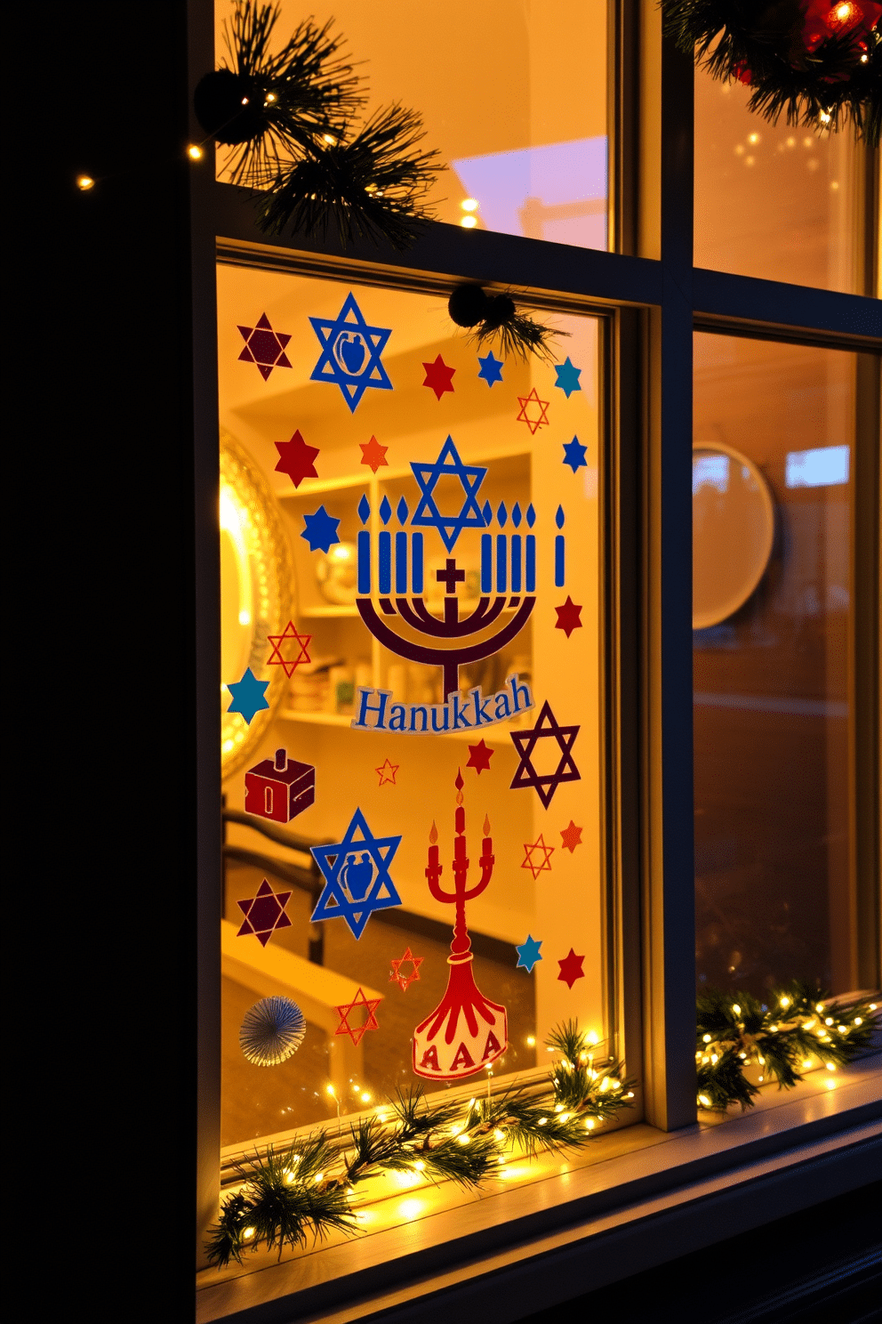 Design a cozy window display featuring Hanukkah-themed decals that enhance the festive atmosphere. The decals should include traditional symbols like menorahs, dreidels, and stars of David, all in vibrant colors to catch the eye. Incorporate soft, warm lighting around the window to create an inviting glow during the evenings. Add decorative elements such as garlands or string lights to complement the decals and bring a cheerful ambiance to the space.