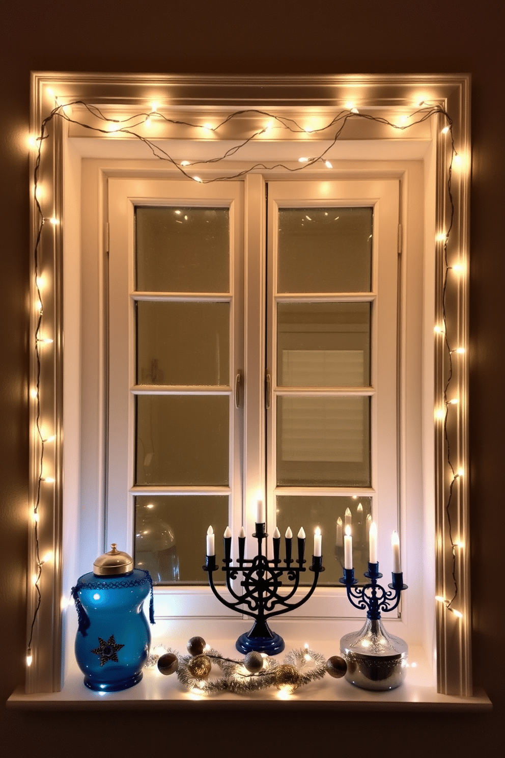 A cozy window nook adorned with twinkling fairy lights wrapped around the window frame, creating a warm and inviting atmosphere. The soft glow of the lights complements the festive Hanukkah decorations, including blue and silver accents that enhance the seasonal charm.