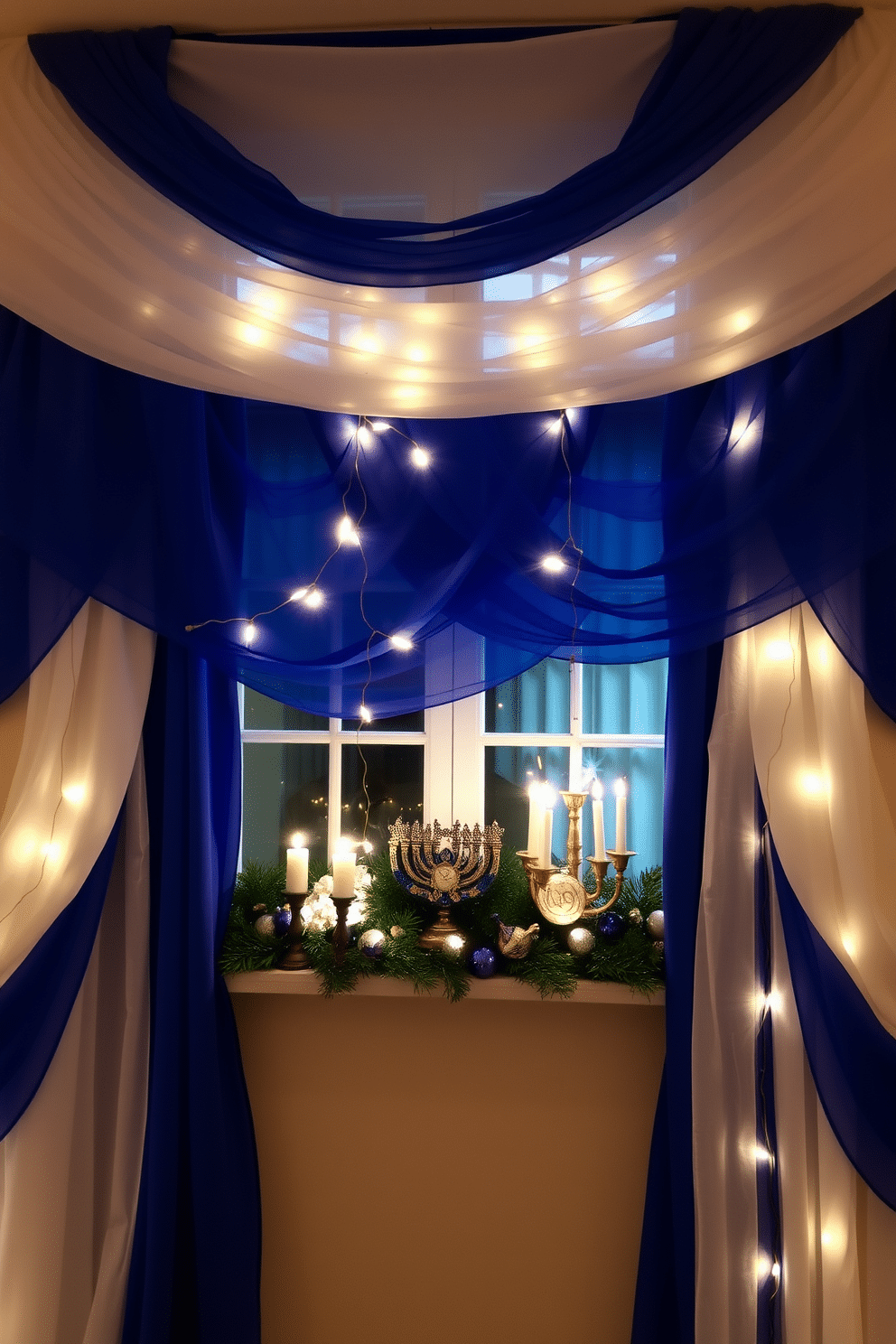 Layered fabric panels in blue and white create an elegant backdrop, enhancing the room's ambiance with a sense of depth and texture. The soft draping elegantly frames the window, allowing natural light to filter through while adding a touch of sophistication. For Hanukkah, the window is adorned with decorative elements like menorahs and dreidels, bringing festive cheer to the space. Twinkling string lights are intertwined with the fabric panels, casting a warm glow that celebrates the holiday spirit.