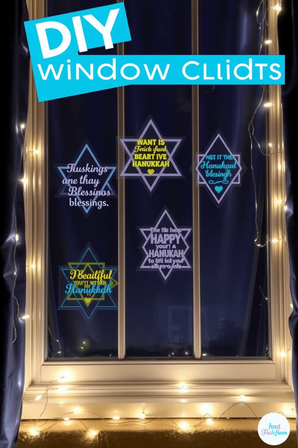 A cozy window display featuring DIY window clings showcasing beautiful Hanukkah blessings. The clings are designed in vibrant colors, creating a festive atmosphere that enhances the holiday spirit. Surrounding the window, soft white lights twinkle, adding a warm glow to the decorations. The backdrop is a deep blue fabric that complements the clings and creates a serene setting for the Hanukkah celebration.