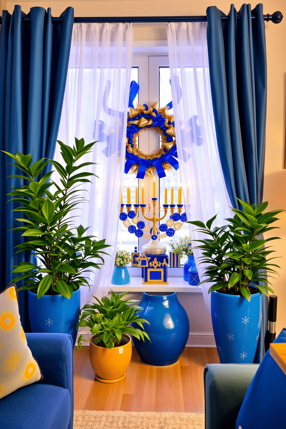 A vibrant living space adorned with potted plants strategically placed in blue and gold decorative pots. The lush greenery complements the elegant color scheme, bringing a fresh and lively atmosphere to the room. A cozy window display showcasing festive Hanukkah decorations, featuring a beautifully arranged menorah surrounded by blue and gold accents. The window is adorned with sheer curtains that softly diffuse the light, enhancing the warm and inviting ambiance of the celebration.