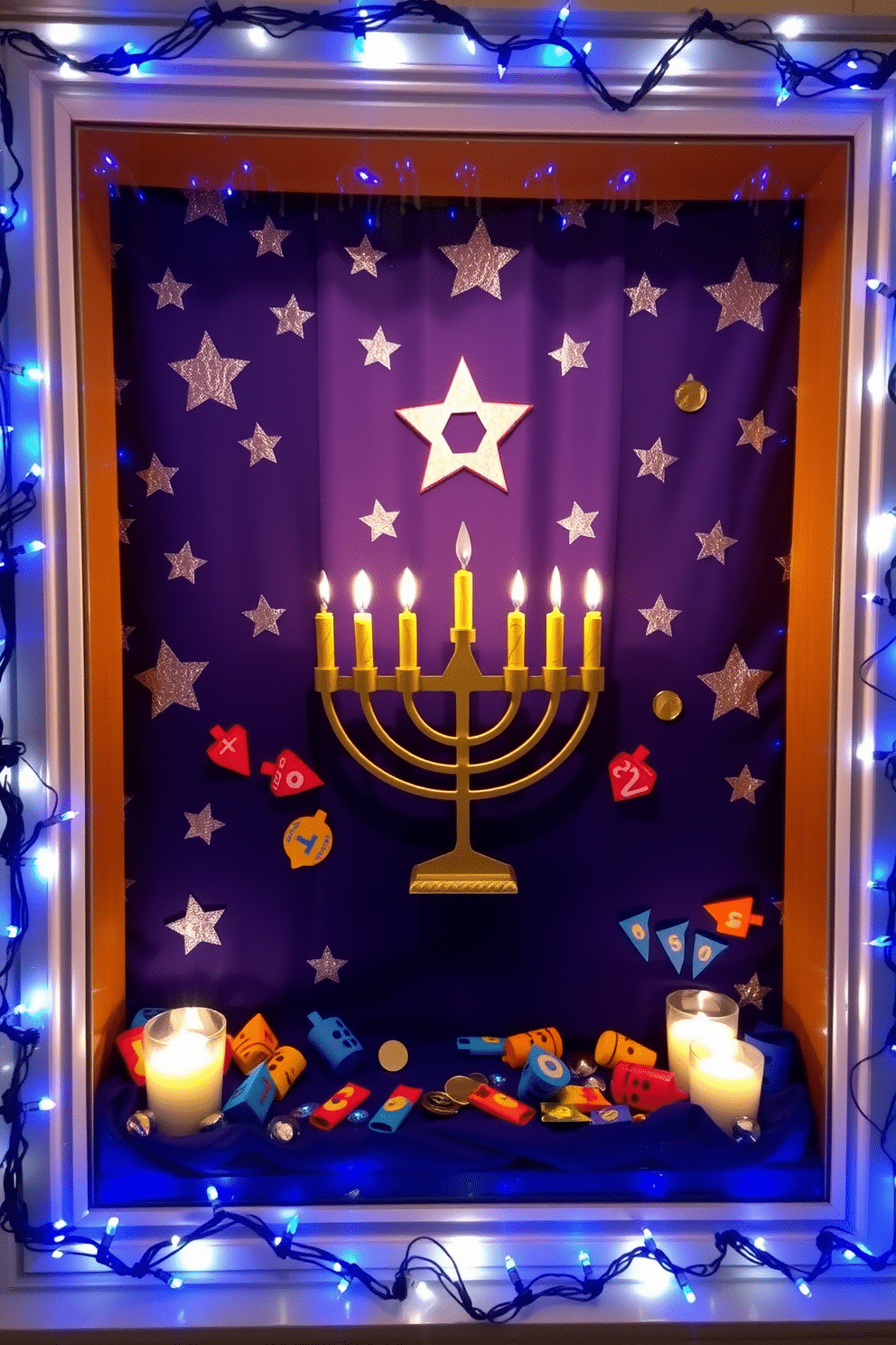 A festive Hanukkah-themed window shadow box features a backdrop of deep blue fabric adorned with silver stars and a menorah at the center. Surrounding the menorah are vibrant paper dreidels and small gelt coins, creating a playful and inviting display that captures the spirit of the holiday. The window is framed with garlands of blue and white lights, enhancing the cozy atmosphere. Soft, flickering LED candles are placed within the shadow box, casting a warm glow that adds to the festive charm.