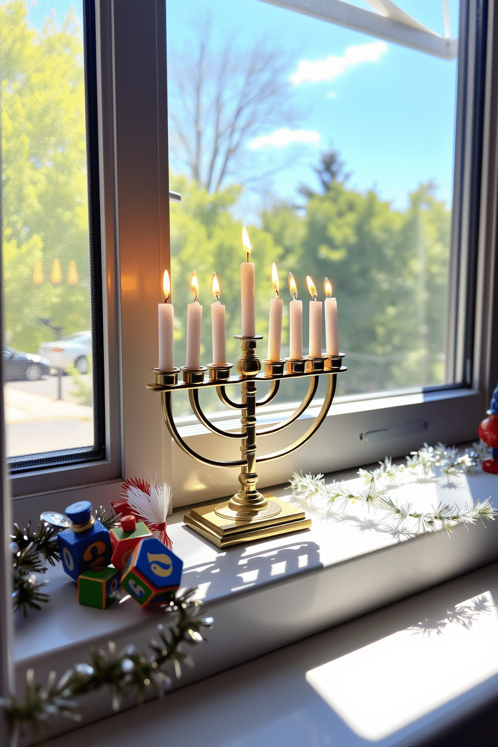 A charming miniature menorah sits on a sunlit windowsill, its candles flickering softly in the warm glow. Surrounding the menorah are festive decorations, including colorful dreidels and sparkling garlands, creating a joyful Hanukkah atmosphere.