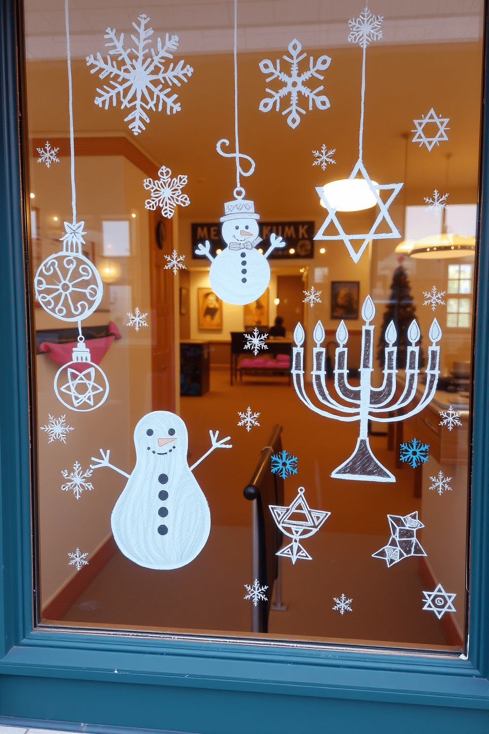 A cozy window display featuring seasonal art created with chalk markers. The design includes festive snowflakes, holiday ornaments, and a cheerful snowman, all beautifully drawn on the glass. For Hanukkah, the window is adorned with blue and silver decorations. Menorahs, dreidels, and Stars of David are elegantly illustrated, celebrating the spirit of the holiday.