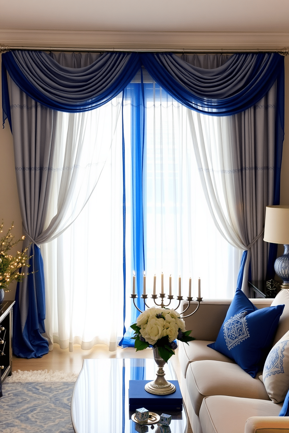 A serene living space adorned with draped blue and silver sheer curtains that gently filter the light, creating a soft ambiance. The curtains cascade elegantly from a polished silver rod, enhancing the room's sophistication. A festive atmosphere is brought to life with creative Hanukkah decorating ideas, featuring a beautifully arranged menorah on the mantle and traditional blue and silver accents throughout the room. Twinkling lights and decorative dreidels complement the elegant decor, celebrating the spirit of the holiday.