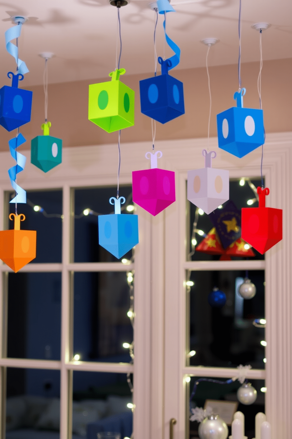 A festive Hanukkah scene featuring colorful DIY paper dreidel garlands hanging from the ceiling. The window is adorned with soft white lights and blue and silver decorations, creating a warm and inviting atmosphere.