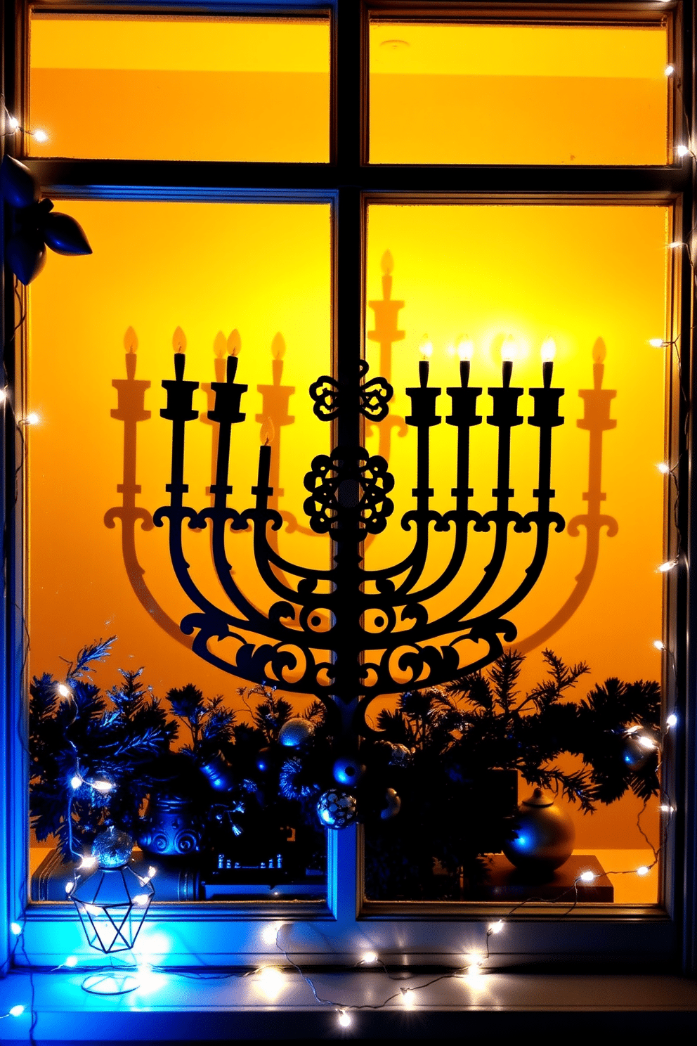 A beautifully lit menorah is displayed in a window, casting warm, inviting shadows that enhance the festive atmosphere. The silhouette features intricate designs that celebrate the spirit of Hanukkah, creating a striking focal point for holiday decor. Surrounding the menorah, delicate garlands of blue and silver accents complement the display, adding a touch of elegance. Soft, twinkling fairy lights frame the window, enhancing the overall warmth and joy of the Hanukkah celebration.