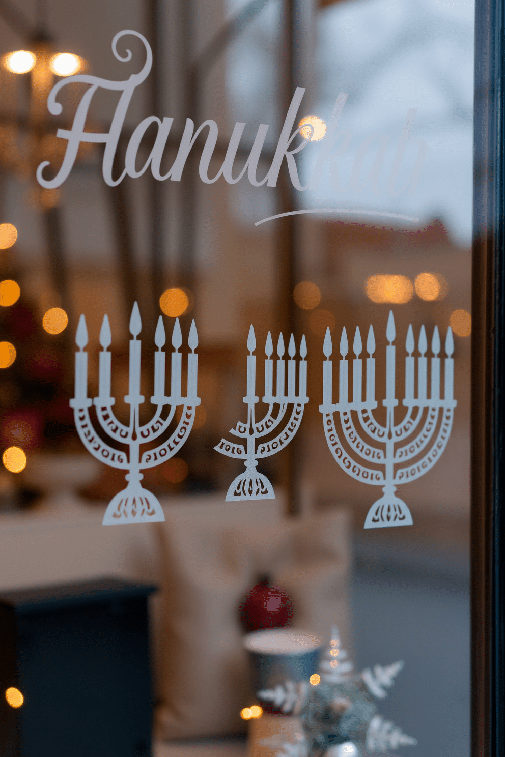 A cozy and festive window display for Hanukkah featuring frosted window stickers of menorahs. The stickers are elegantly designed, showcasing intricate details of the menorah, and are placed on a backdrop of soft, warm lighting to enhance the holiday spirit.