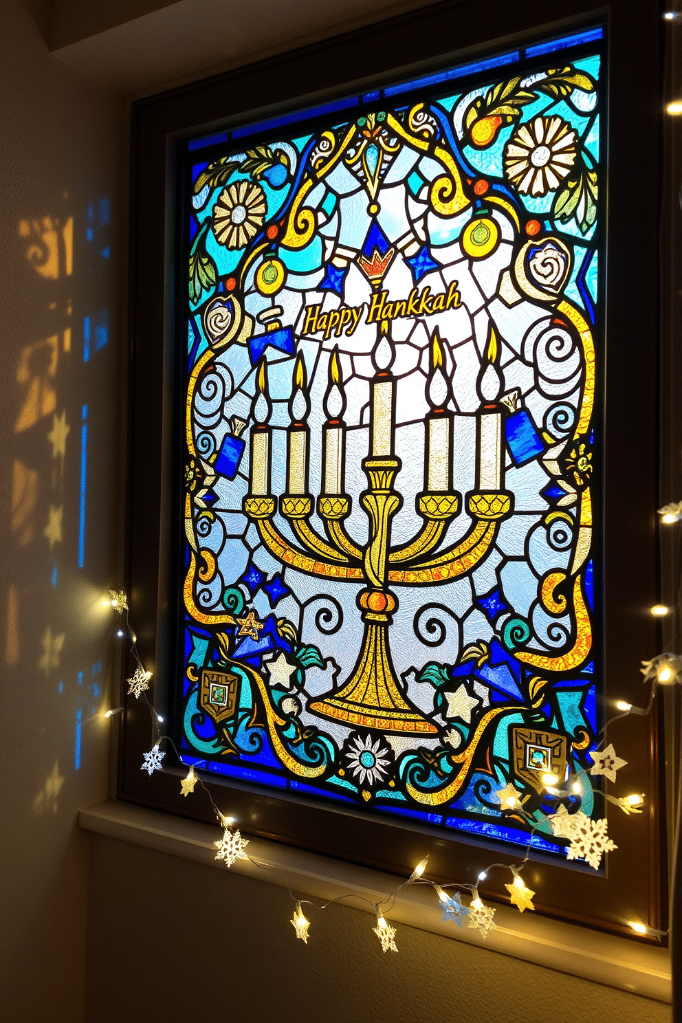 A vibrant stained glass window art piece celebrating Hanukkah features intricate designs in shades of blue, gold, and white, capturing the essence of the festival. The window is adorned with decorative elements such as menorahs and dreidels, casting colorful reflections onto the surrounding walls. For window Hanukkah decorating ideas, consider hanging garlands of paper dreidels and stars alongside the stained glass art. Soft white fairy lights can be intertwined to enhance the festive atmosphere, creating a warm and inviting space.