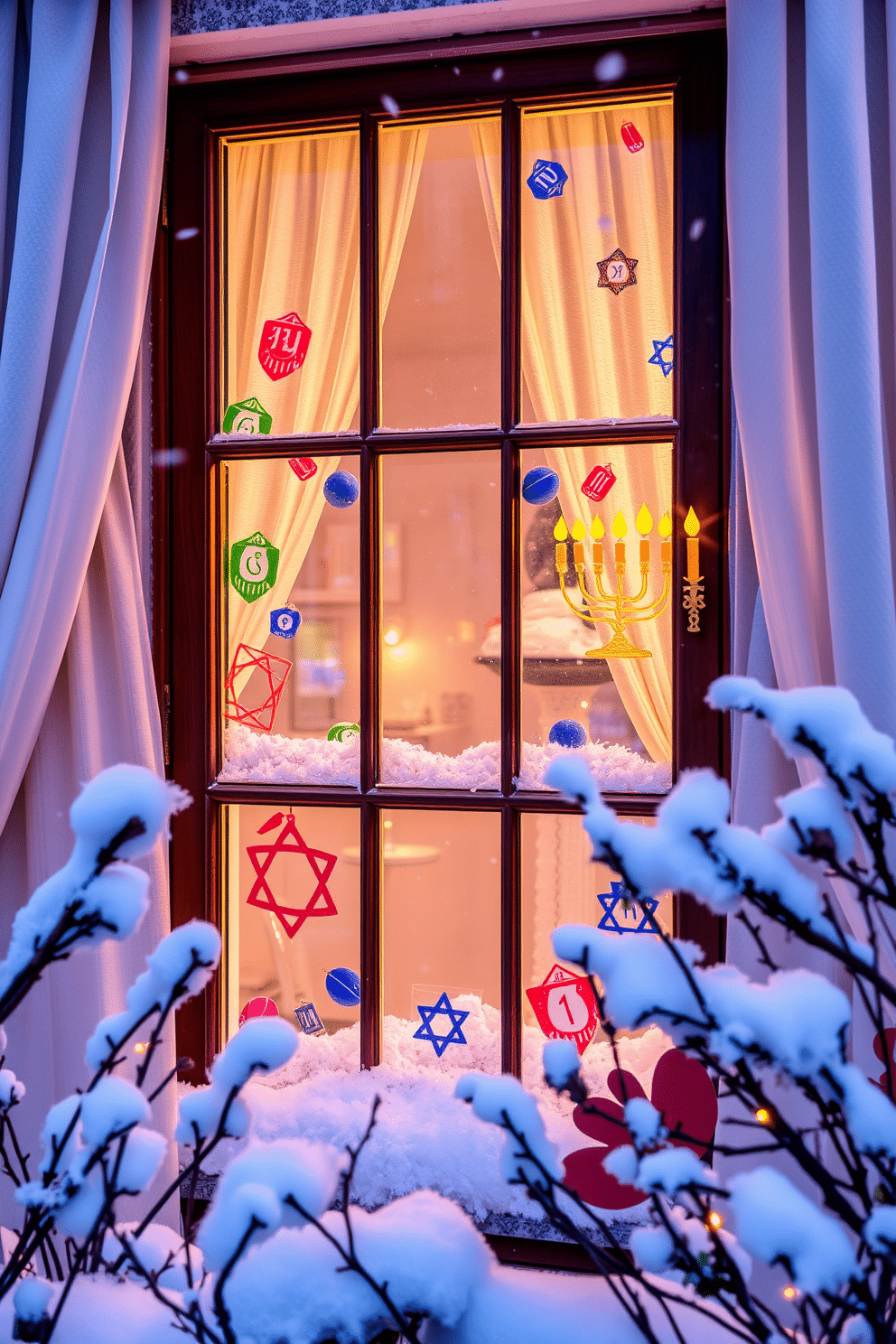 A cozy winter scene featuring a beautifully decorated window adorned with Hanukkah motifs. The window is framed with soft white curtains, and colorful dreidels and menorahs are painted on the glass, creating a festive atmosphere.