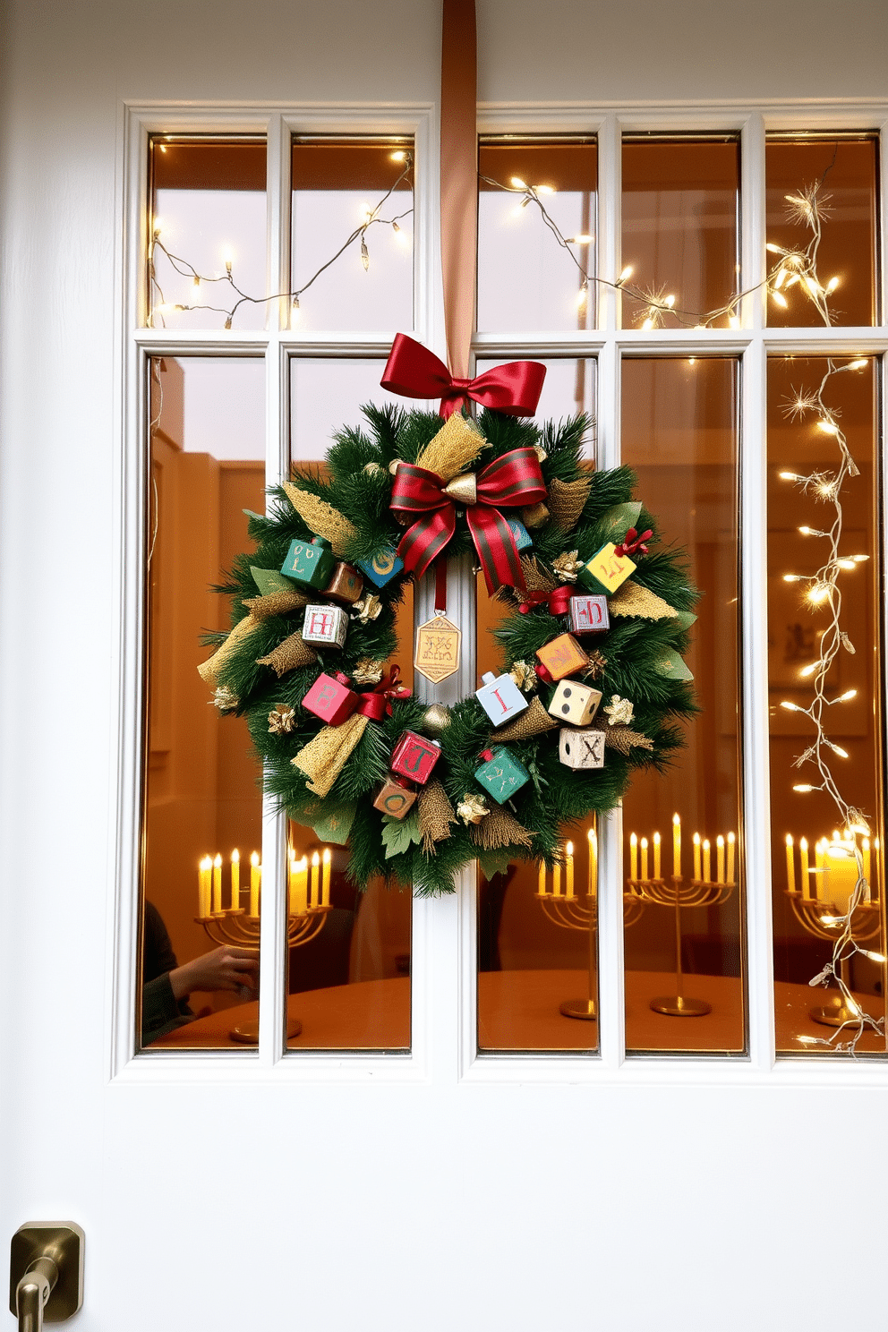 A festive wreath adorned with dreidels hangs prominently on the front door, welcoming guests with a touch of holiday cheer. The wreath features vibrant colors and textures, blending traditional symbols with modern design elements for a joyful celebration of Hanukkah. Inside, the windows are beautifully decorated with string lights and delicate garlands, creating a warm and inviting atmosphere. Each window displays a unique arrangement of dreidels and menorahs, enhancing the festive spirit throughout the home.