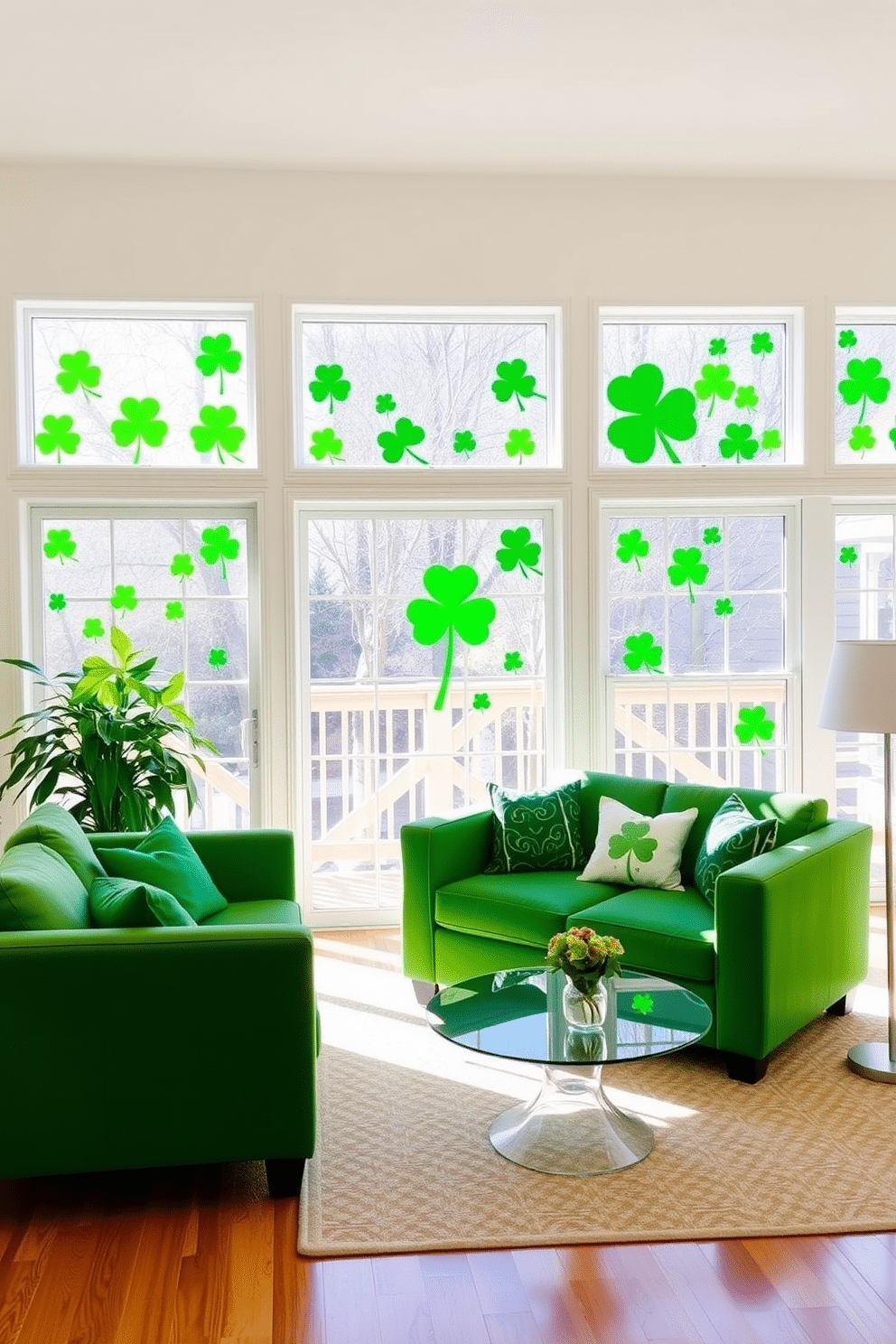 A cheerful living room adorned with green shamrock window decals that bring a festive touch to the space. The decals are placed on large, sunlit windows, creating a vibrant atmosphere perfect for St. Patrick's Day celebrations.