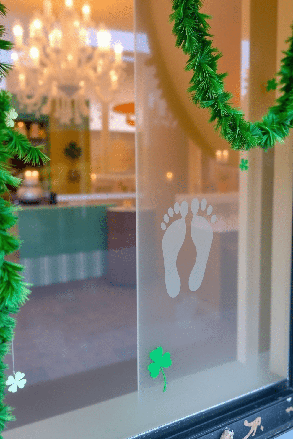 A whimsical St. Patrick's Day scene featuring leprechaun footprints delicately etched on a large glass window, creating a playful and enchanting atmosphere. The window is adorned with vibrant green garlands and charming shamrock decorations, inviting the festive spirit indoors.