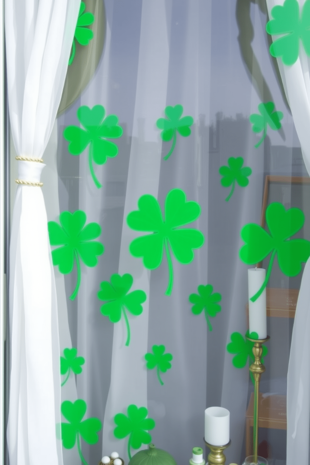 A cheerful window display featuring shamrock designs painted in vibrant green hues. The shamrocks are arranged in a playful pattern, creating a festive atmosphere for St. Patrick's Day celebrations. Incorporate decorative elements like sheer white curtains to complement the painted designs. Add subtle touches of gold and white accents to enhance the overall theme and bring a touch of elegance to the festive decor.