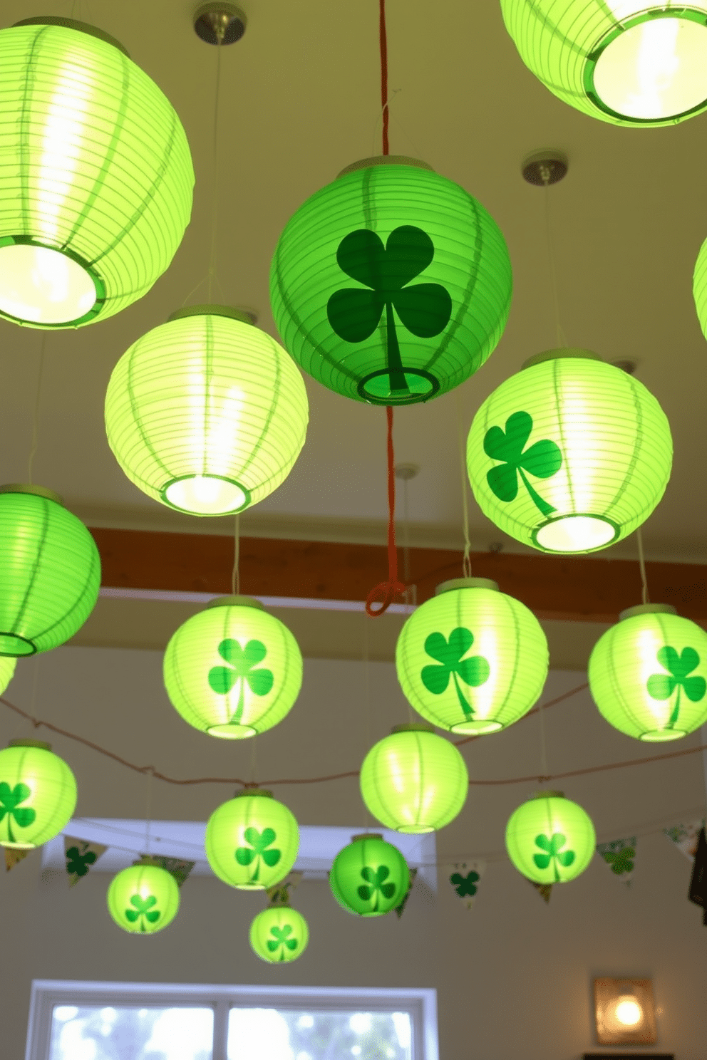 A festive St. Patrick's Day scene featuring hanging green paper lanterns that illuminate the room with a warm glow. The lanterns are adorned with shamrock designs, creating a cheerful atmosphere perfect for celebrating the holiday.