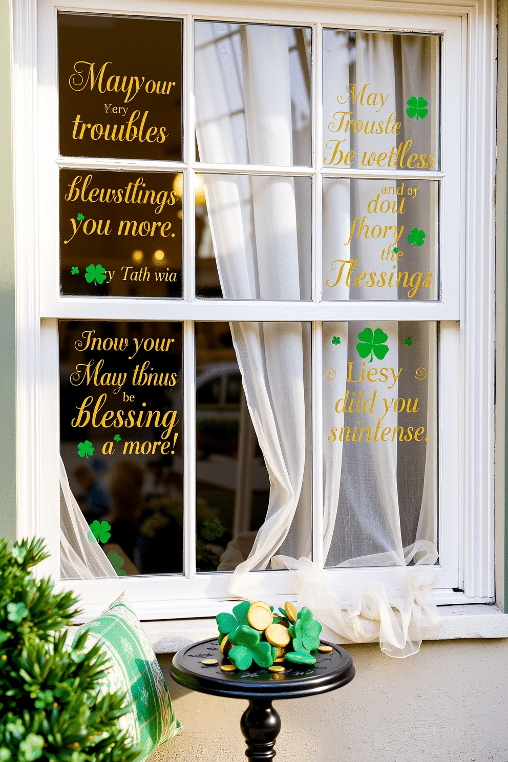 A charming window adorned with Irish sayings window decals, featuring phrases like 