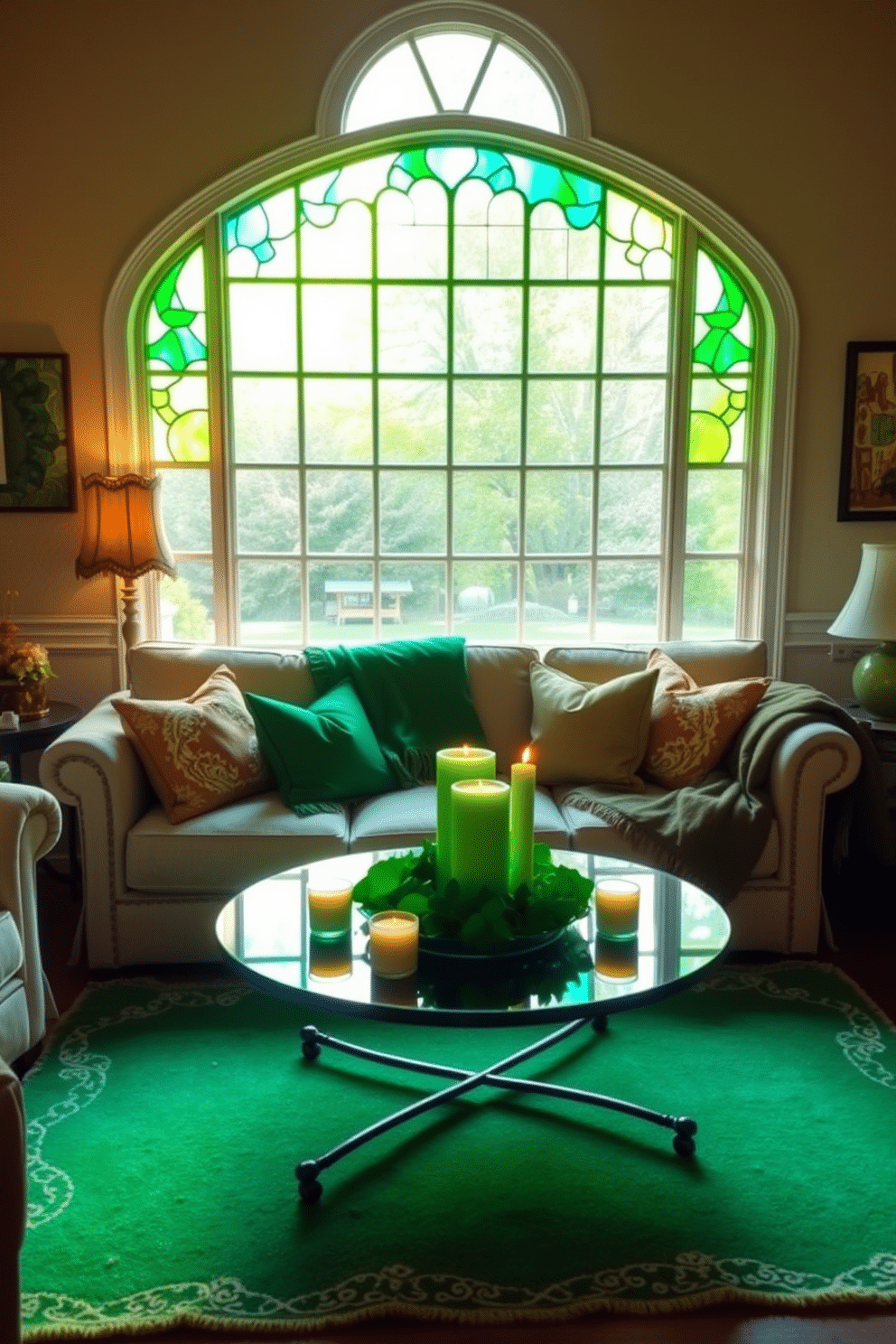 A vibrant living room adorned with St. Patrick's Day decor. The focal point is a large window featuring a stunning green stained glass effect that casts colorful light across the room. The space is decorated with festive green and gold accents, including throw pillows and a cozy blanket on a plush sofa. A coffee table is adorned with a centerpiece of shamrocks and candles, creating a warm and inviting atmosphere.