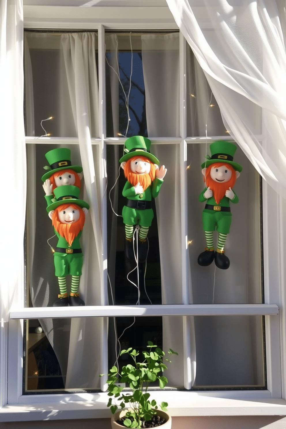 A whimsical St. Patrick's Day scene featuring window-mounted leprechaun figurines. The figurines are adorned in vibrant green outfits, with mischievous smiles, surrounded by shamrocks and twinkling fairy lights. The window is framed with sheer white curtains that gently flutter in the breeze, allowing sunlight to illuminate the decorations. Below the window, a small potted plant adds a touch of freshness, completing the festive atmosphere.