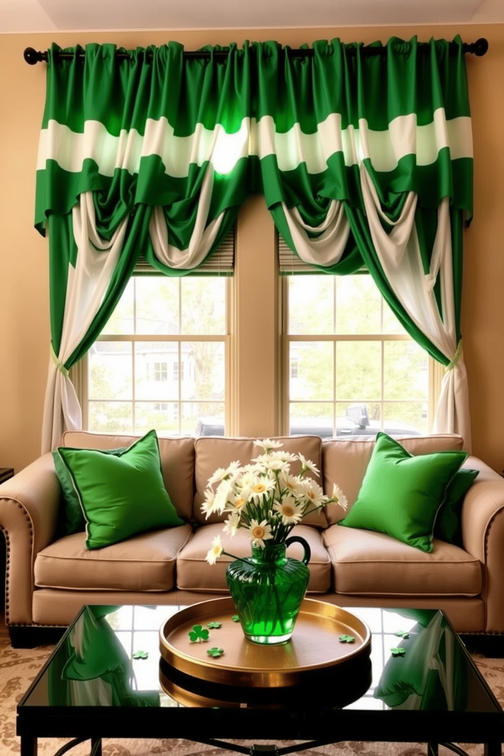 A cozy living room adorned with green and white window drapes that gently frame the large windows, allowing natural light to filter in softly. The drapes are complemented by a neutral-colored sofa and vibrant green throw pillows, creating a harmonious St. Patrick's Day theme throughout the space. On a stylish coffee table, a centerpiece of fresh white daisies in a green vase adds a touch of freshness, while small decorative shamrocks scatter around for festive flair. The walls are painted in a warm beige tone, enhancing the inviting atmosphere and making the green accents pop beautifully.