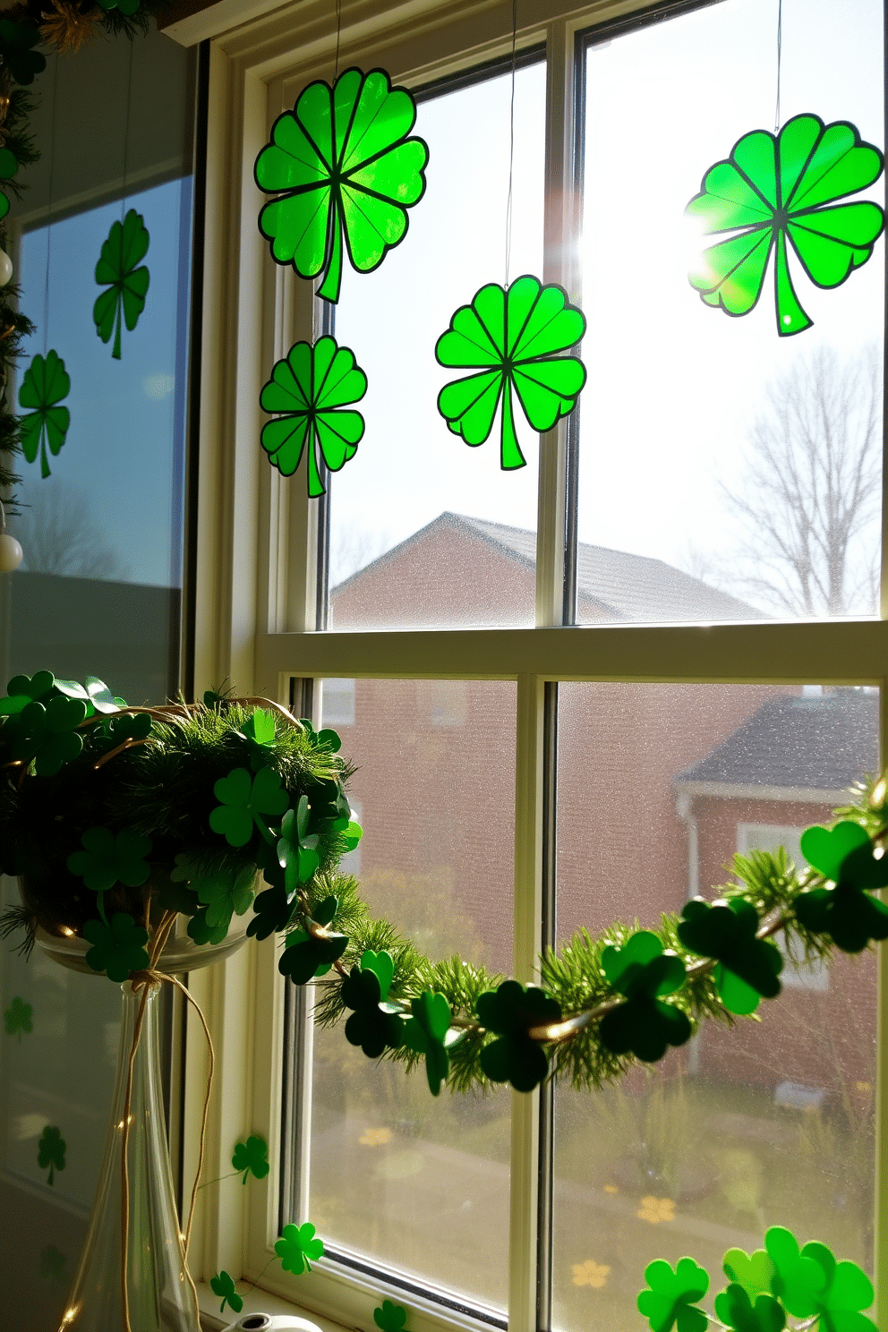 A cheerful St. Patrick's Day decorating scene featuring vibrant hanging shamrock suncatchers that catch the sunlight and cast playful shadows on the walls. The window is adorned with a mix of green and gold accents, including garlands of shamrocks and twinkling fairy lights, creating a festive atmosphere.