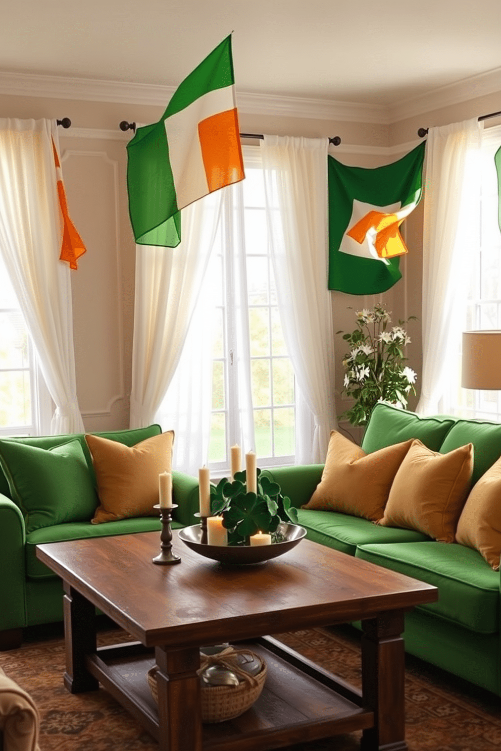 A cozy living room adorned with window-mounted Irish flags that flutter gently in the breeze. The space features a vibrant green sofa, accented with throw pillows in shades of gold and white, creating a festive atmosphere for St. Patrick's Day. The windows are draped with sheer white curtains, allowing natural light to illuminate the room while showcasing the colorful flags. A rustic wooden coffee table sits in the center, topped with a decorative bowl of shamrocks and a few candles to enhance the celebratory mood.