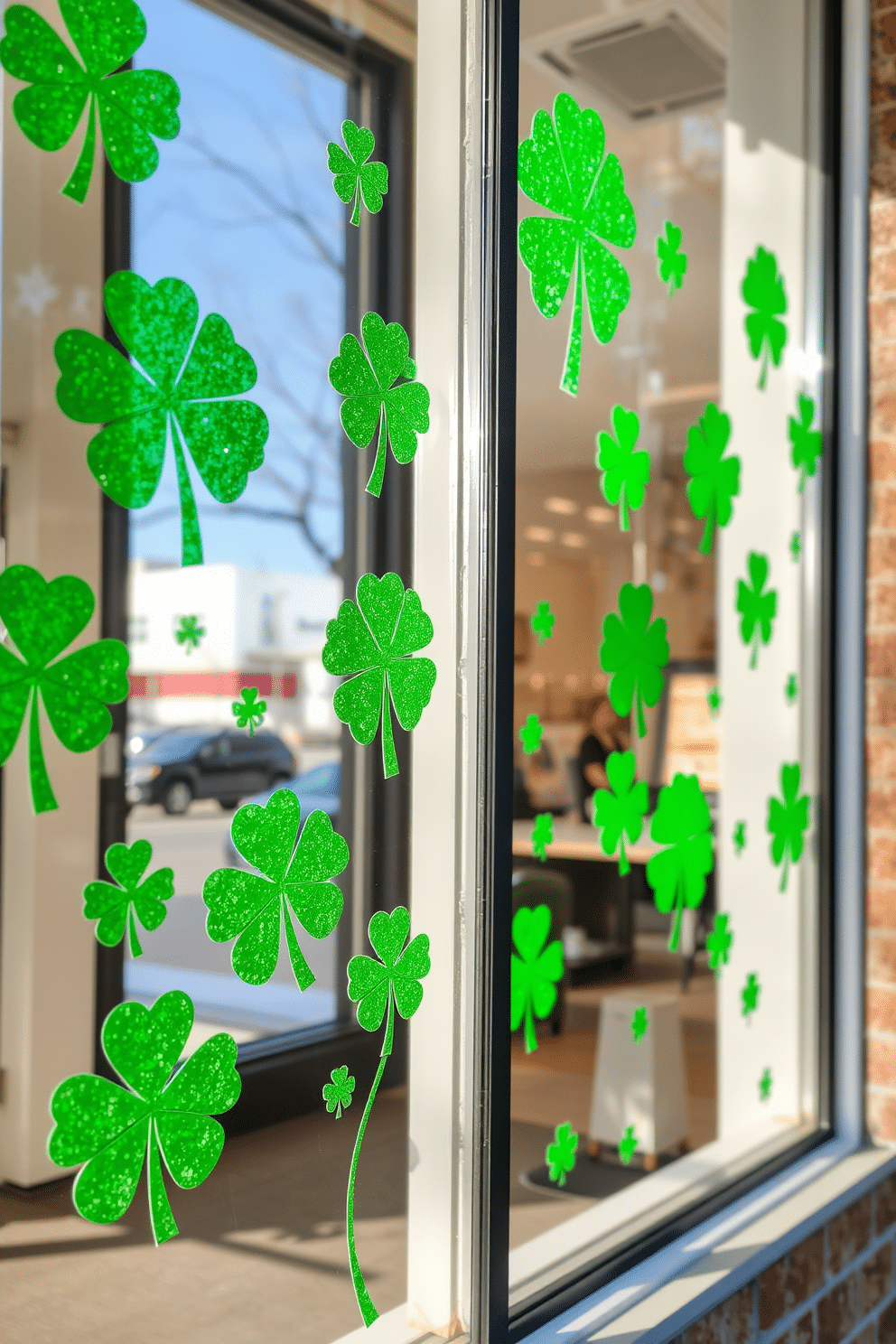 A whimsical St. Patrick's Day window display featuring vibrant green glitter window stickers in various shamrock shapes. The stickers are applied to large, sunlit windows, creating a festive atmosphere that sparkles with the sunlight, enhancing the cheerful vibe of the celebration.