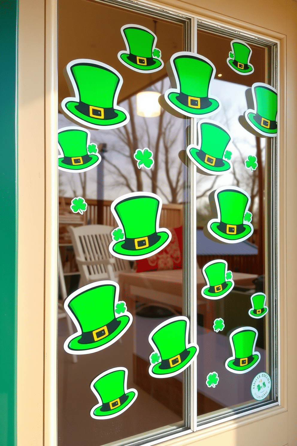 A whimsical display of leprechaun hat window stickers adorns the glass, capturing the festive spirit of St. Patrick's Day. The vibrant green hats, embellished with gold buckles, create a playful atmosphere that invites joy and celebration into the home.