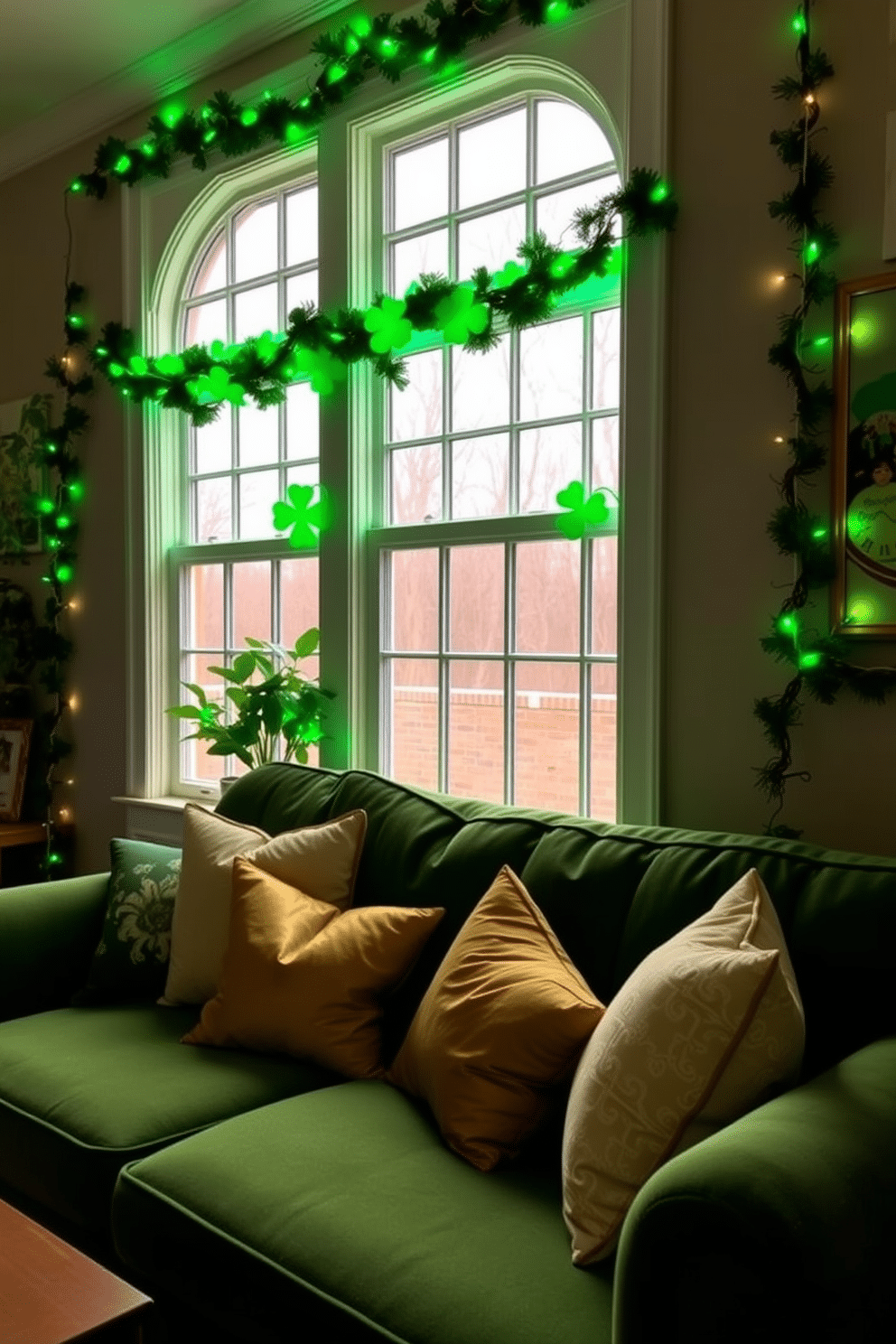 A cozy living room adorned for St. Patrick's Day, featuring LED shamrock string lights draped across the windows, casting a warm green glow throughout the space. The walls are decorated with festive garlands, and a plush green sofa is accented with throw pillows in shades of gold and cream, creating a cheerful and inviting atmosphere.