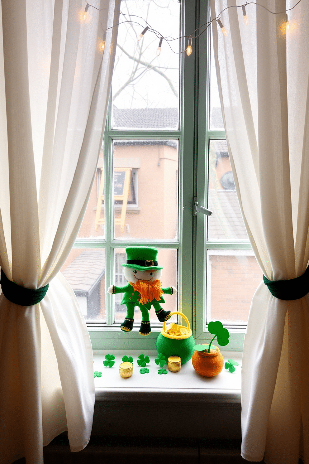 A whimsical St. Patrick's Day window display featuring cheerful felt leprechauns mounted on the windowsill. The leprechauns, adorned in vibrant green and gold, are surrounded by small pots of gold and shamrocks, creating a festive atmosphere. Soft, sheer curtains frame the window, allowing natural light to illuminate the playful scene. Delicate fairy lights are strung along the top, adding a warm glow to the festive decorations.