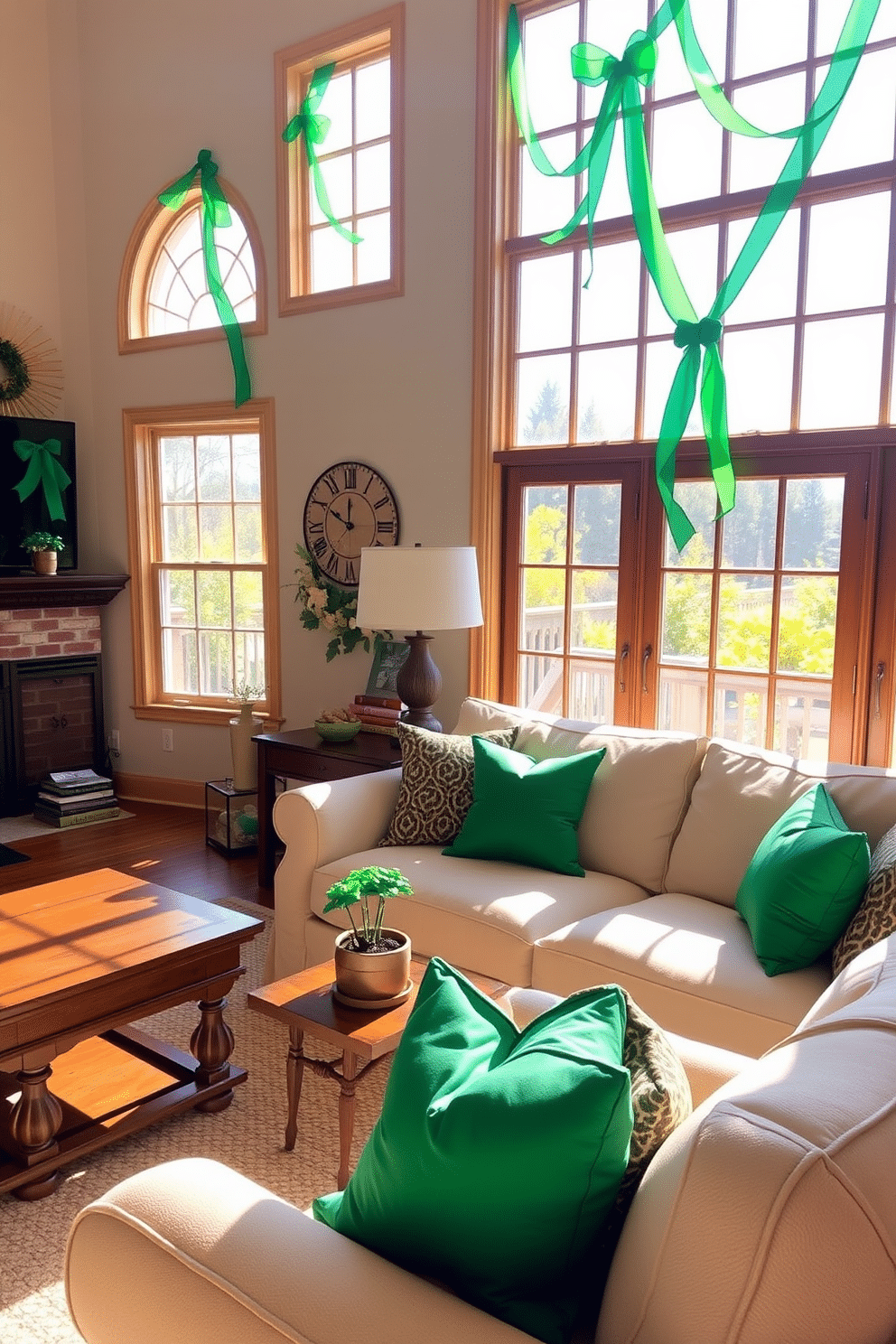 A cozy living room adorned with green ribbon window accents that elegantly frame large, sunlit windows. The space features a plush, cream-colored sofa paired with a wooden coffee table, while festive St. Patrick's Day decorations, including small potted shamrocks and green throw pillows, add a cheerful touch to the ambiance.