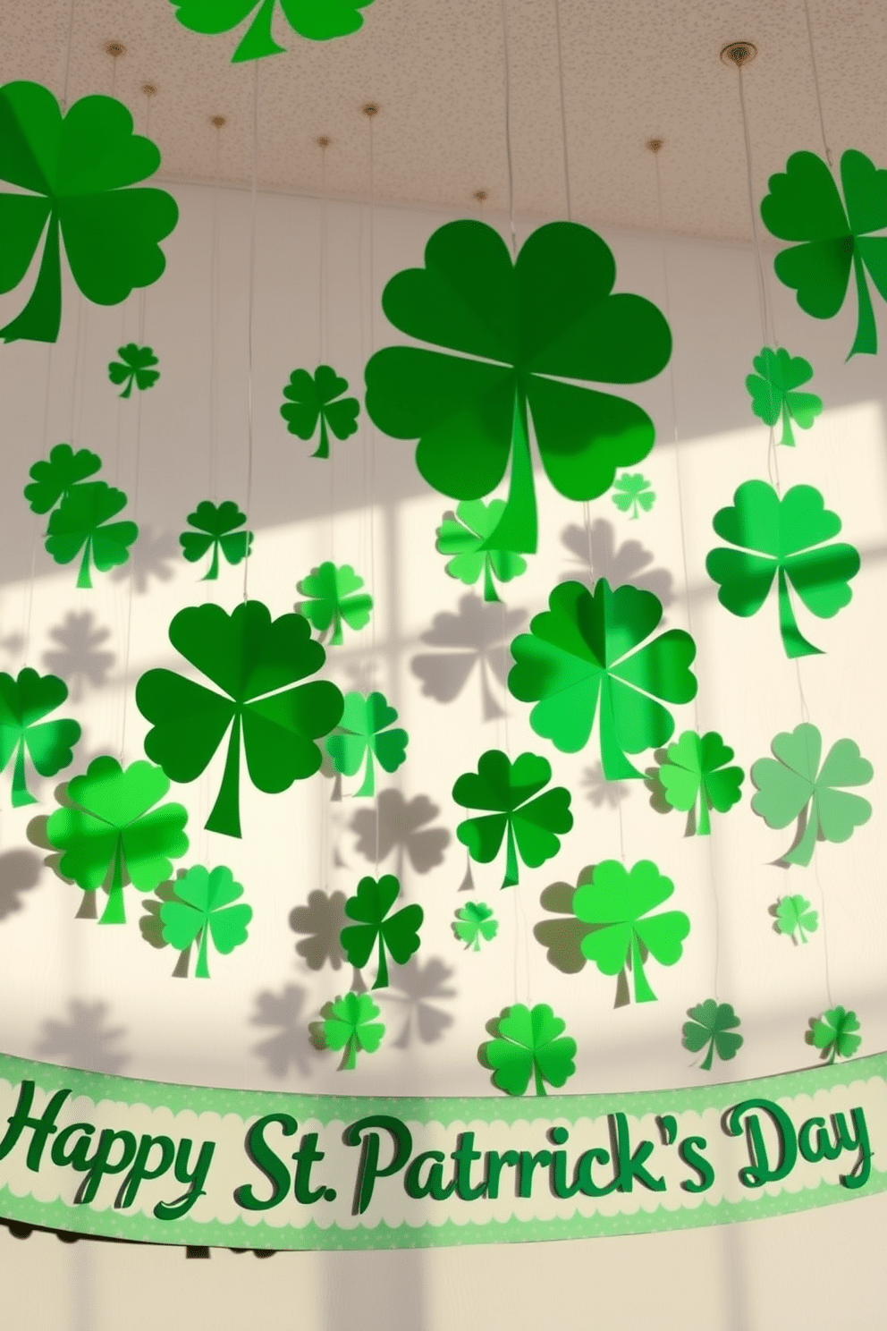 A festive St. Patrick's Day display featuring an array of paper shamrock cutouts in varying sizes, intricately designed and hanging from the ceiling. The cutouts are made from vibrant green paper, casting playful shadows on the walls, while a cheerful banner reading 