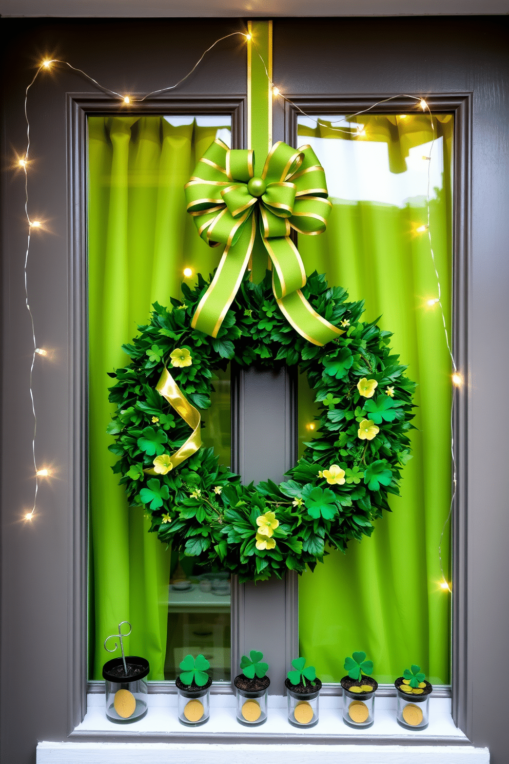 A festive St. Patrick's Day wreath adorns the front door, crafted from lush green foliage and accented with vibrant shamrocks and golden ribbons. The wreath features a large, decorative bow at the top, adding a touch of elegance to the cheerful design. Bright green curtains frame the windows, complemented by delicate string lights that twinkle like stars. On the windowsill, small pots of shamrocks and gold coins create a playful yet sophisticated display, inviting the spirit of the holiday indoors.