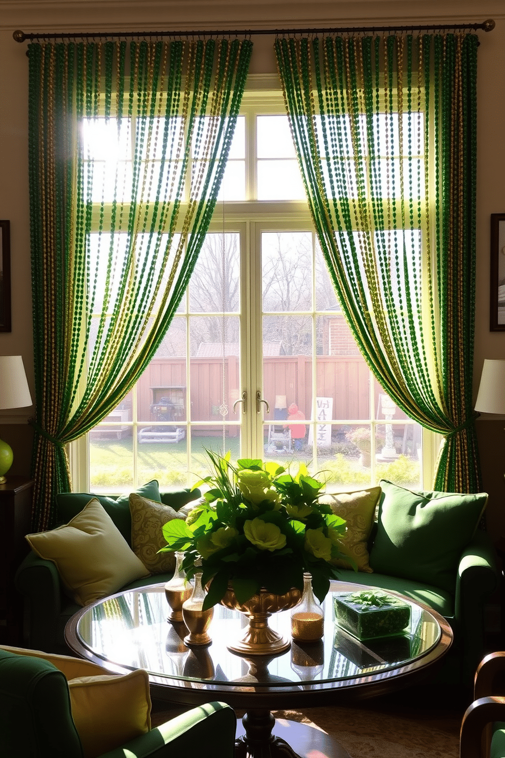 A vibrant living space adorned with green and gold bead curtains that shimmer in the light, creating a festive atmosphere. The curtains elegantly frame a large window, allowing natural sunlight to filter through while enhancing the St. Patrick's Day theme with playful decorations. The room features a cozy seating area with plush green cushions and gold accents, inviting relaxation and celebration. A beautifully arranged table showcases a centerpiece of fresh green flowers and gold-toned decor, perfectly capturing the spirit of the holiday.