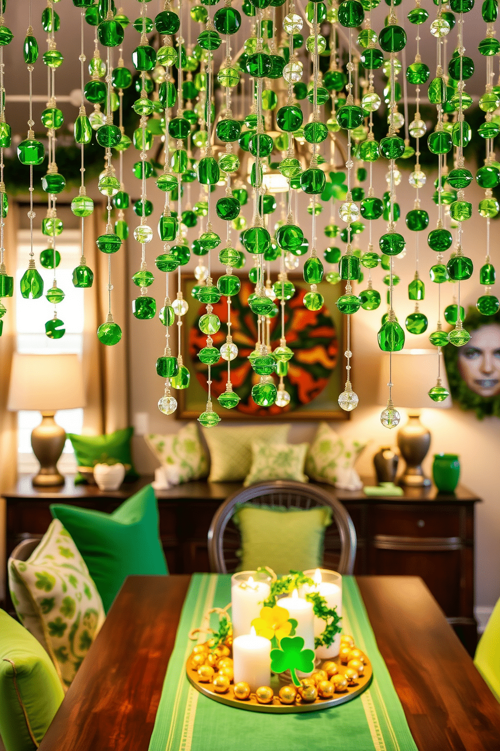 A whimsical St. Patrick's Day display features an array of hanging green crystal charms that catch the light beautifully. These delicate ornaments sway gently from the ceiling, creating a festive ambiance that celebrates the spirit of the holiday. Incorporate vibrant green accents throughout the room, such as cushions and table runners, to enhance the festive atmosphere. A charming centerpiece adorned with shamrocks and gold accents completes the look, inviting warmth and cheer into the space.