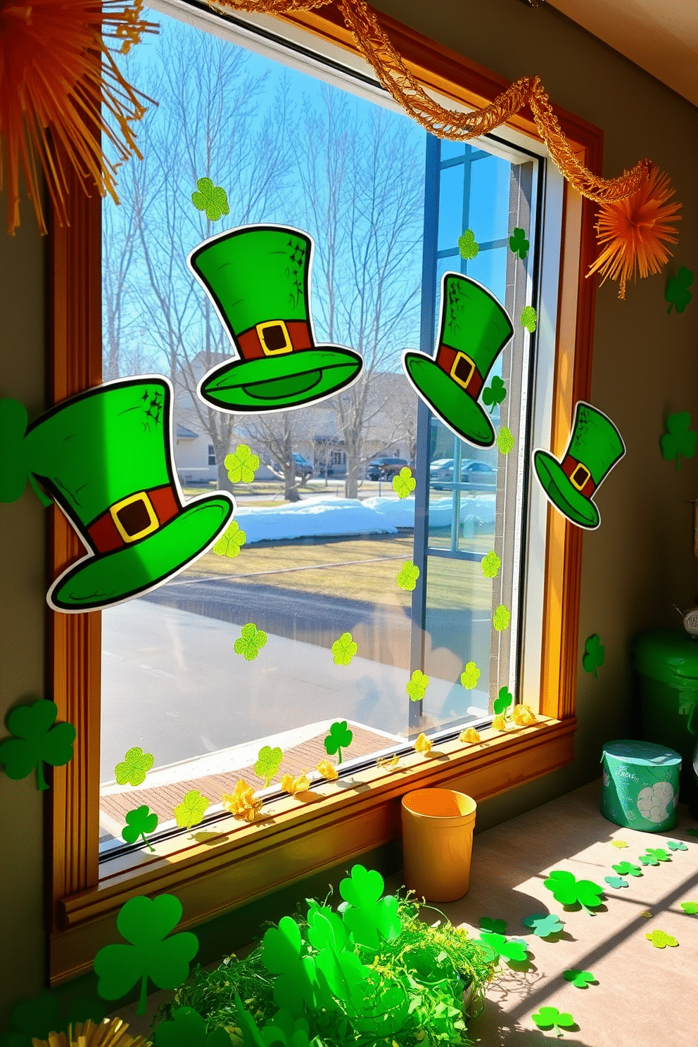 A whimsical St. Patrick's Day scene featuring vibrant leprechaun hat window clings adorning a large, sunlit window. The background showcases cheerful green and gold decorations, with playful shamrock accents scattered throughout the space.