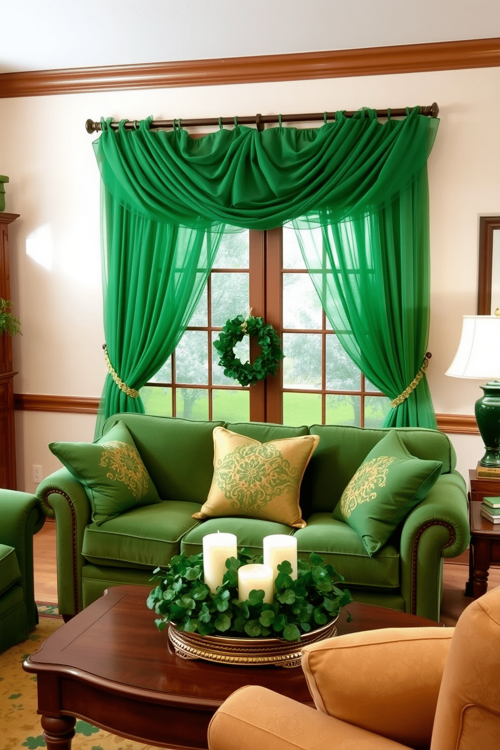 A charming living room adorned with green tulle window swags that gracefully drape from a wooden curtain rod. The swags complement the festive St. Patrick's Day decor, featuring vibrant green accents and subtle touches of gold throughout the space. A cozy seating area includes a plush, emerald green sofa paired with gold-accented cushions. On the coffee table, a centerpiece of fresh shamrocks and candles creates a warm, inviting atmosphere perfect for celebrating the holiday.