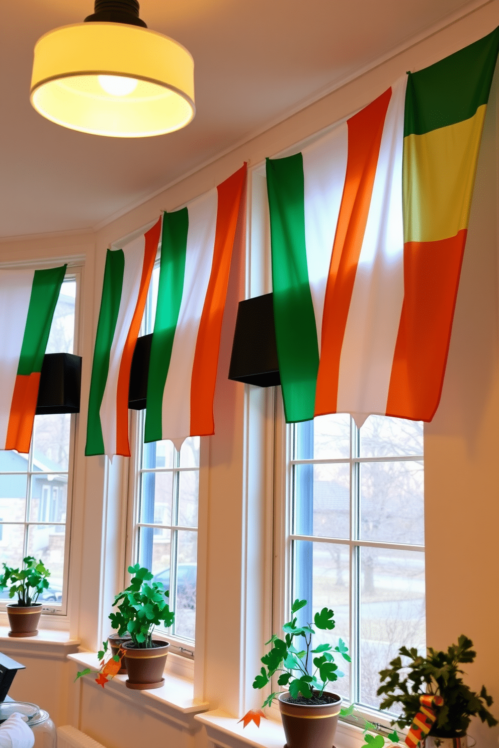 A festive St. Patrick's Day setting featuring vibrant Irish flag window banners hanging gracefully from the top of each window. The banners flutter gently in the breeze, adding a splash of green, white, and orange to the cheerful atmosphere of the room. The windowsills are adorned with small potted shamrocks and traditional Irish decorations, enhancing the celebratory spirit. Soft, warm lighting illuminates the space, creating a welcoming ambiance perfect for holiday gatherings.