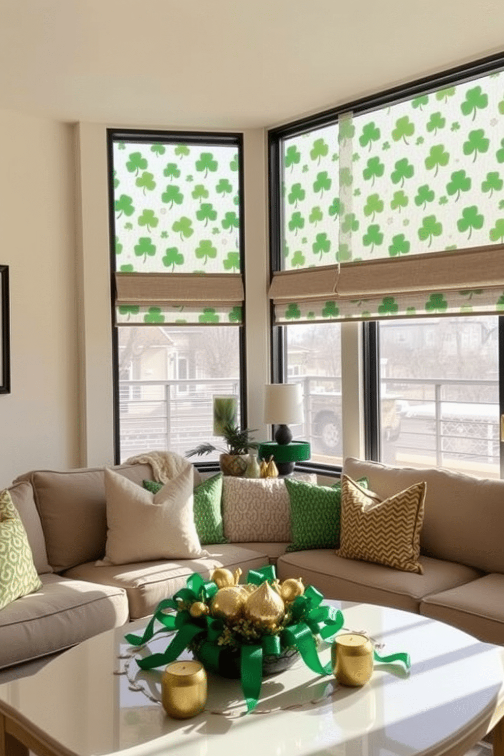 A bright and cheerful living space adorned with shamrock-patterned window film, filtering soft natural light into the room. The decor features green and gold accents, with plush cushions on a comfortable sofa and a festive St. Patrick's Day-themed centerpiece on the coffee table.