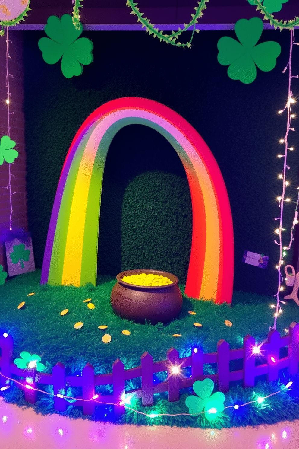 A vibrant and whimsical St. Patrick's Day display featuring a large, colorful rainbow arching over a pot of gold nestled in a lush green meadow. The scene is enhanced with playful decorations like shamrocks and twinkling fairy lights, creating a festive and inviting atmosphere.