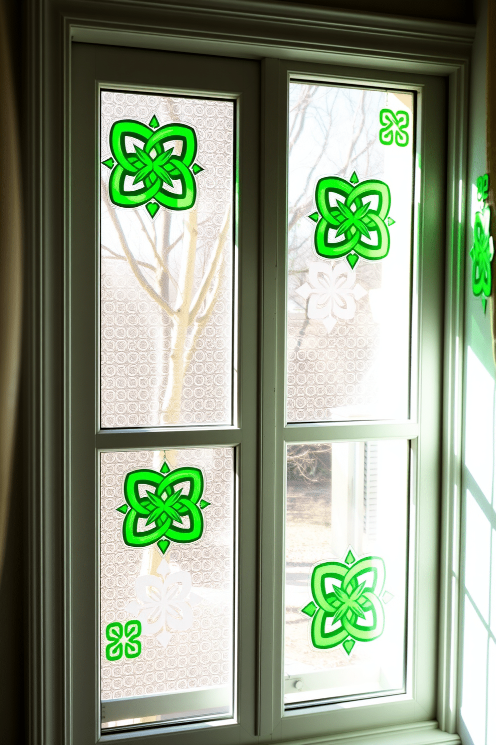 A charming window adorned with Celtic knot window clings creates a festive atmosphere for St. Patrick's Day. The intricate designs in vibrant green hues beautifully complement the natural light streaming through, enhancing the overall decor of the room.