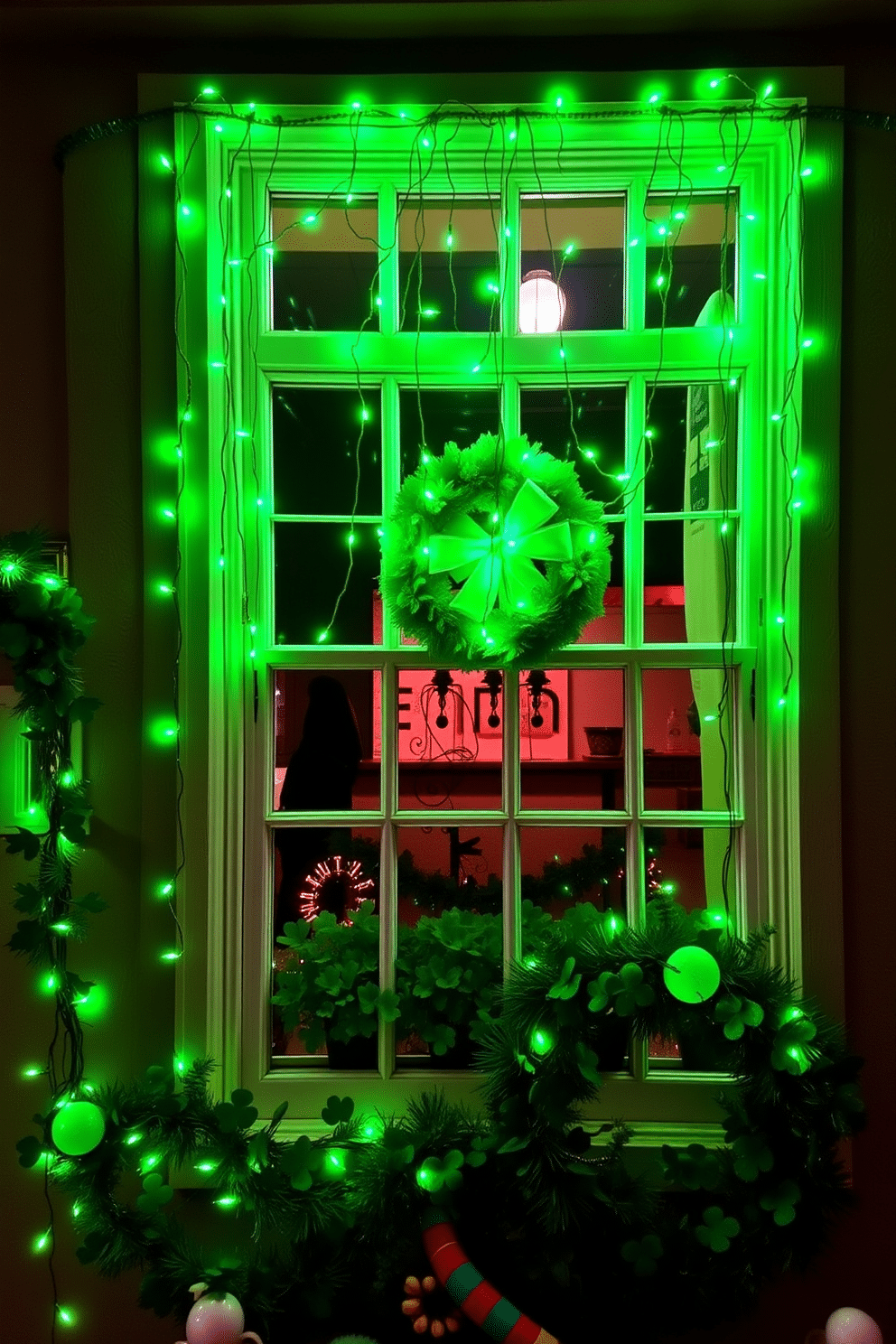 A whimsical St. Patrick's Day display featuring green fairy lights cascading from a beautifully adorned window. The scene includes festive decorations such as shamrock garlands and a cheerful wreath, creating a vibrant and inviting atmosphere.