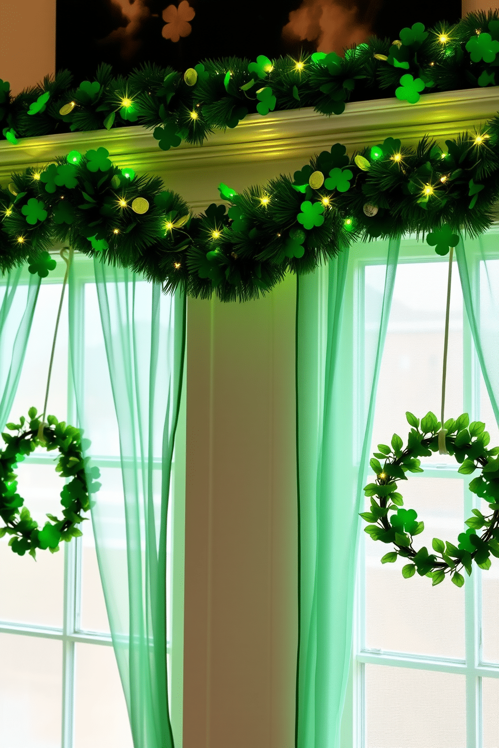 A festive St. Patrick's Day garland drapes gracefully across the mantel, adorned with green shamrocks, gold coins, and twinkling fairy lights. The vibrant colors and playful elements create a cheerful atmosphere that celebrates the spirit of the holiday. The windows are beautifully decorated with sheer green curtains, allowing soft light to filter through while showcasing charming St. Patrick's Day accents. Delicate wreaths made of fresh greenery and small golden accents frame each window, enhancing the festive ambiance.