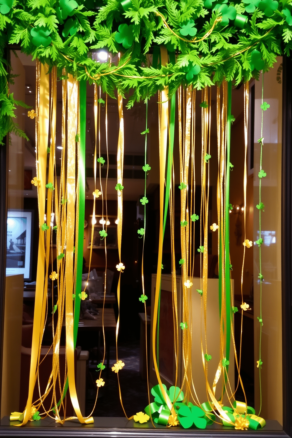 A vibrant St. Patrick's Day window display featuring lush green and shimmering gold streamers cascading elegantly from the top of the window frame. The streamers are interspersed with small shamrock decorations, creating a festive atmosphere that invites the spirit of the holiday indoors.