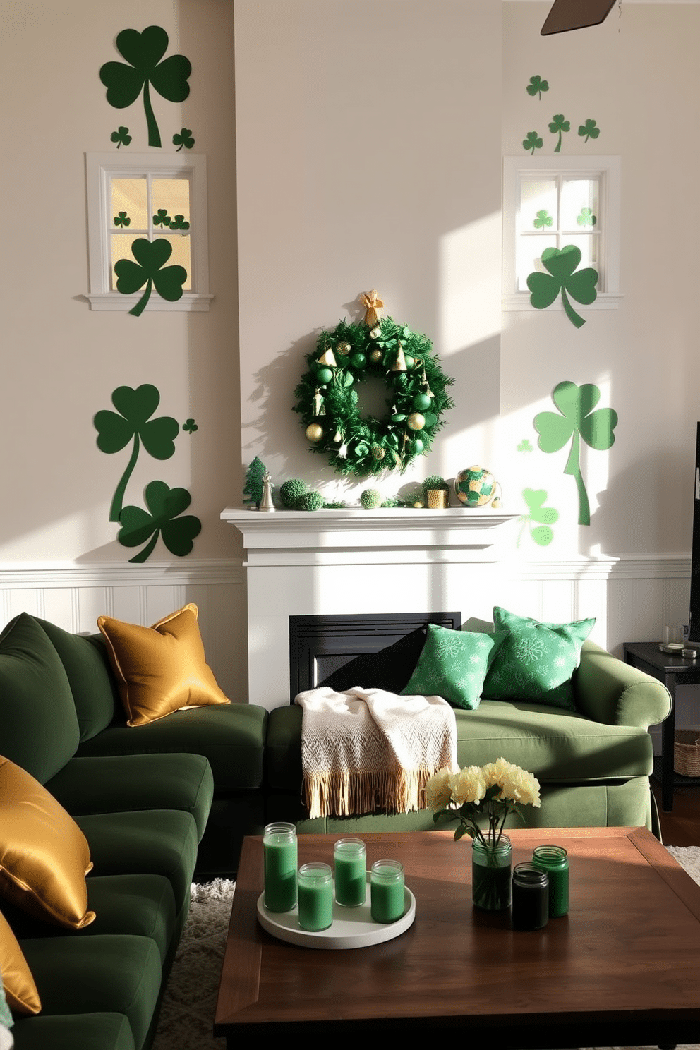 A charming living room adorned with shamrock window silhouettes, casting playful shadows on the walls. The space features a cozy sofa in a deep green fabric, complemented by gold accent pillows and a festive St. Patrick's Day throw blanket. To enhance the holiday spirit, a decorative wreath made of green and gold elements hangs above the fireplace. A coffee table is adorned with a collection of green candles and a small vase of fresh white flowers, creating a warm and inviting atmosphere.